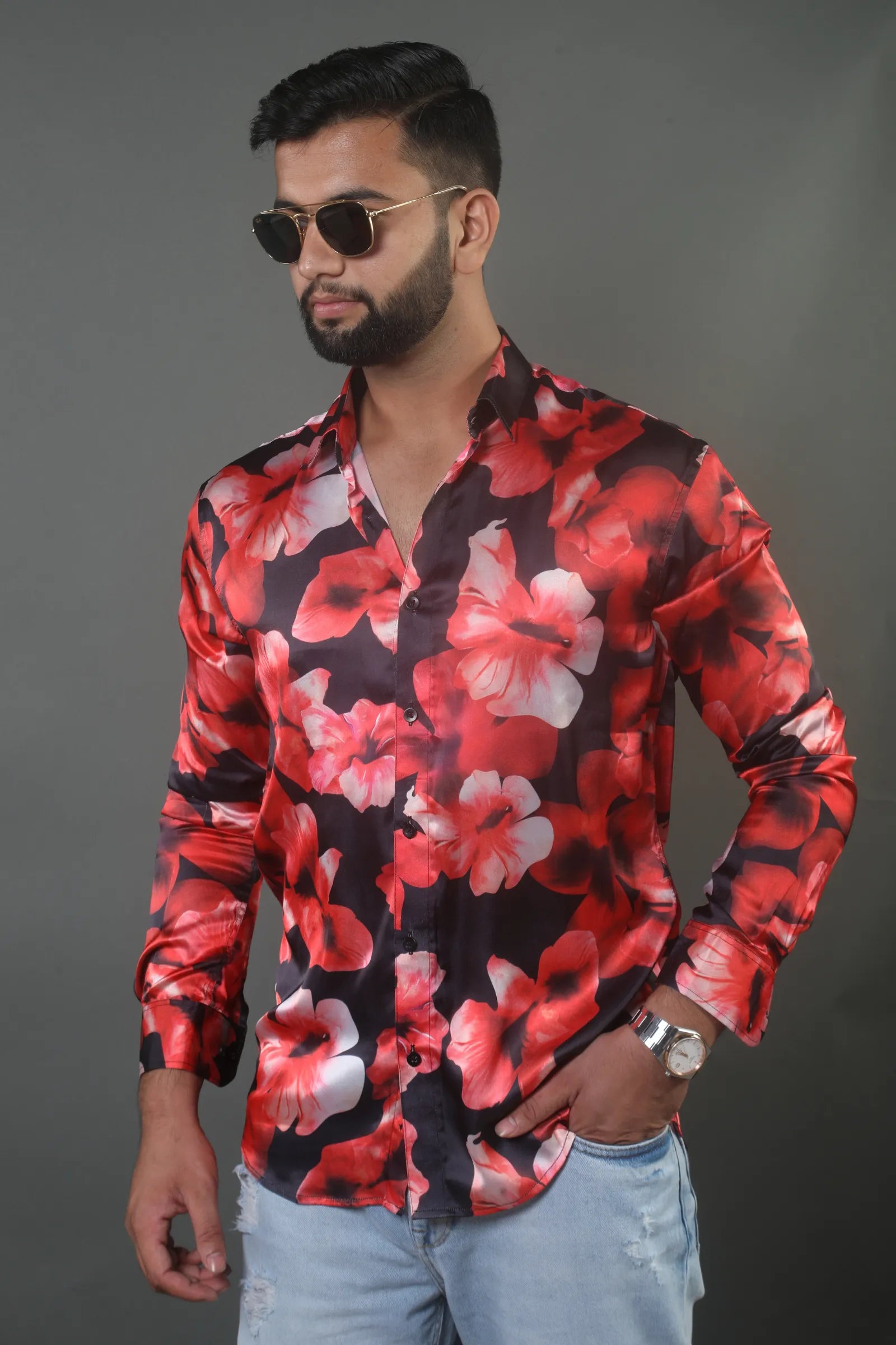 Red & Black Flower Printed Satin Shirt