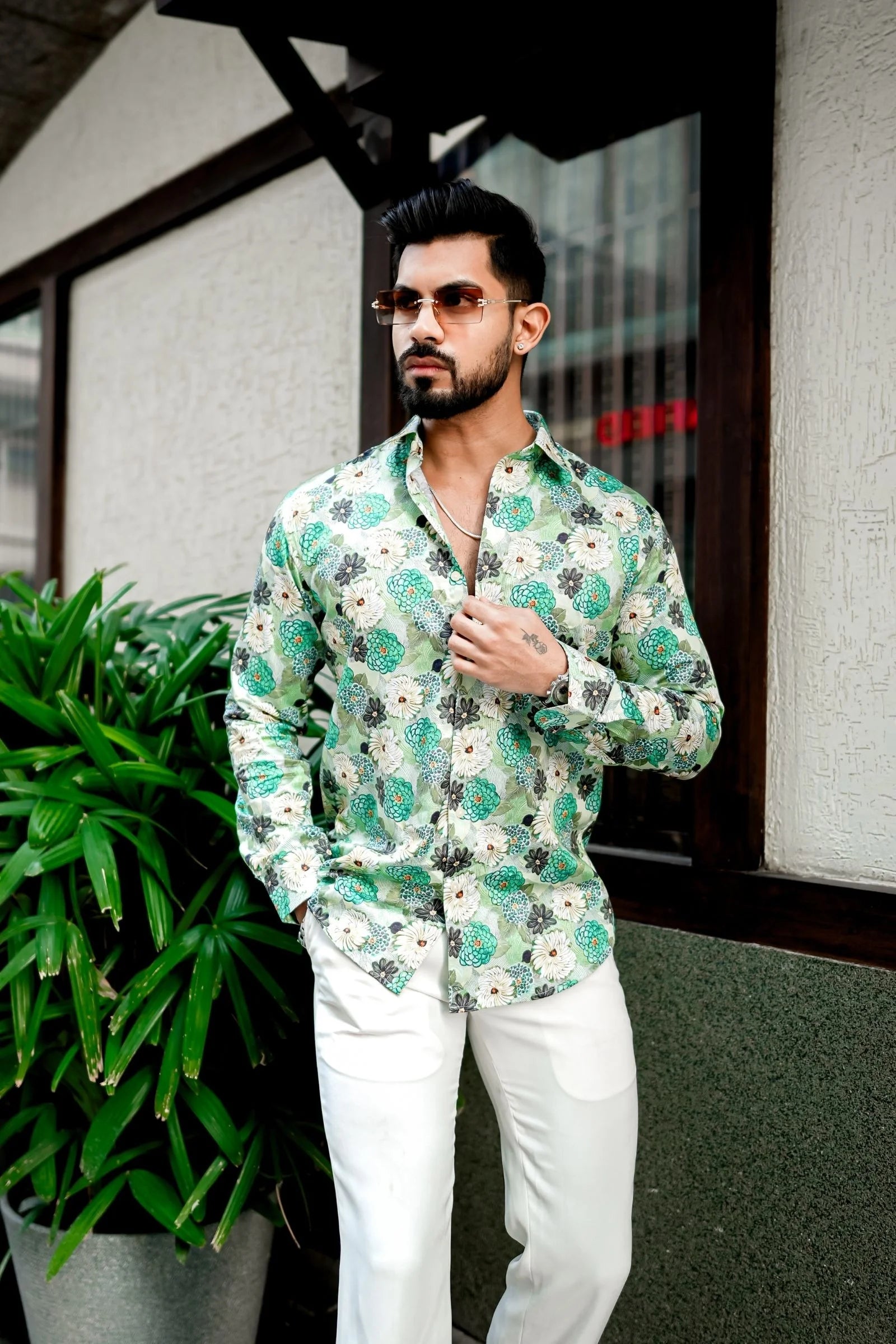 Green Shade Flower Printed Premium Shirt