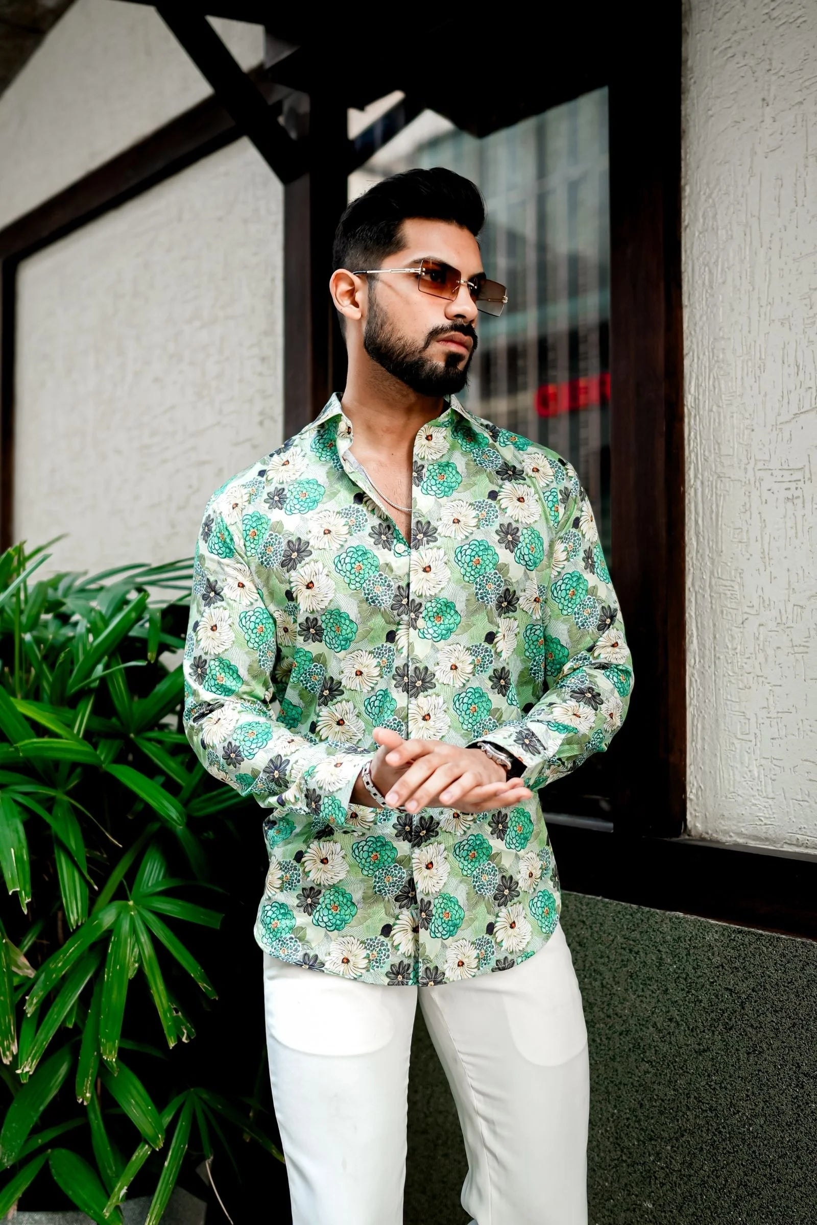 Green Shade Flower Printed Premium Shirt