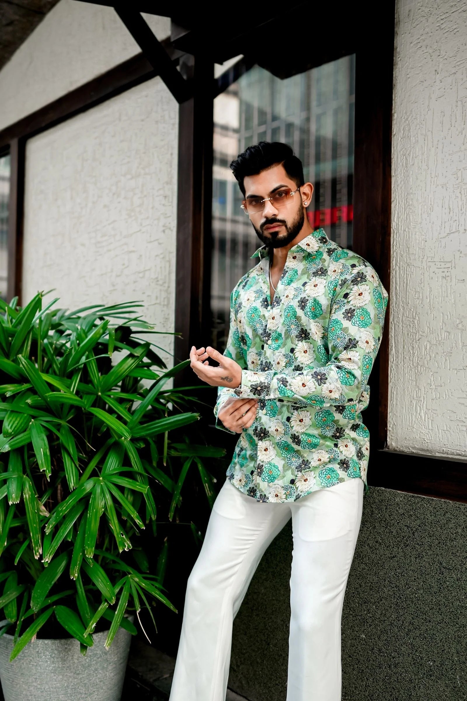 Green Shade Flower Printed Premium Shirt