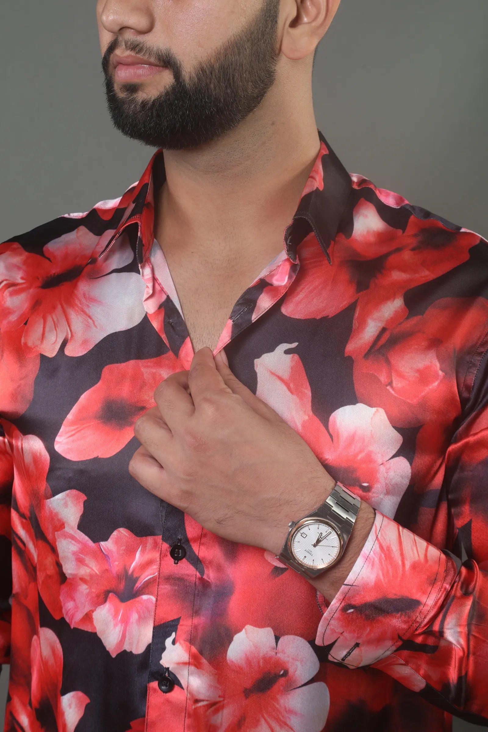 Red & Black Flower Printed Satin Shirt