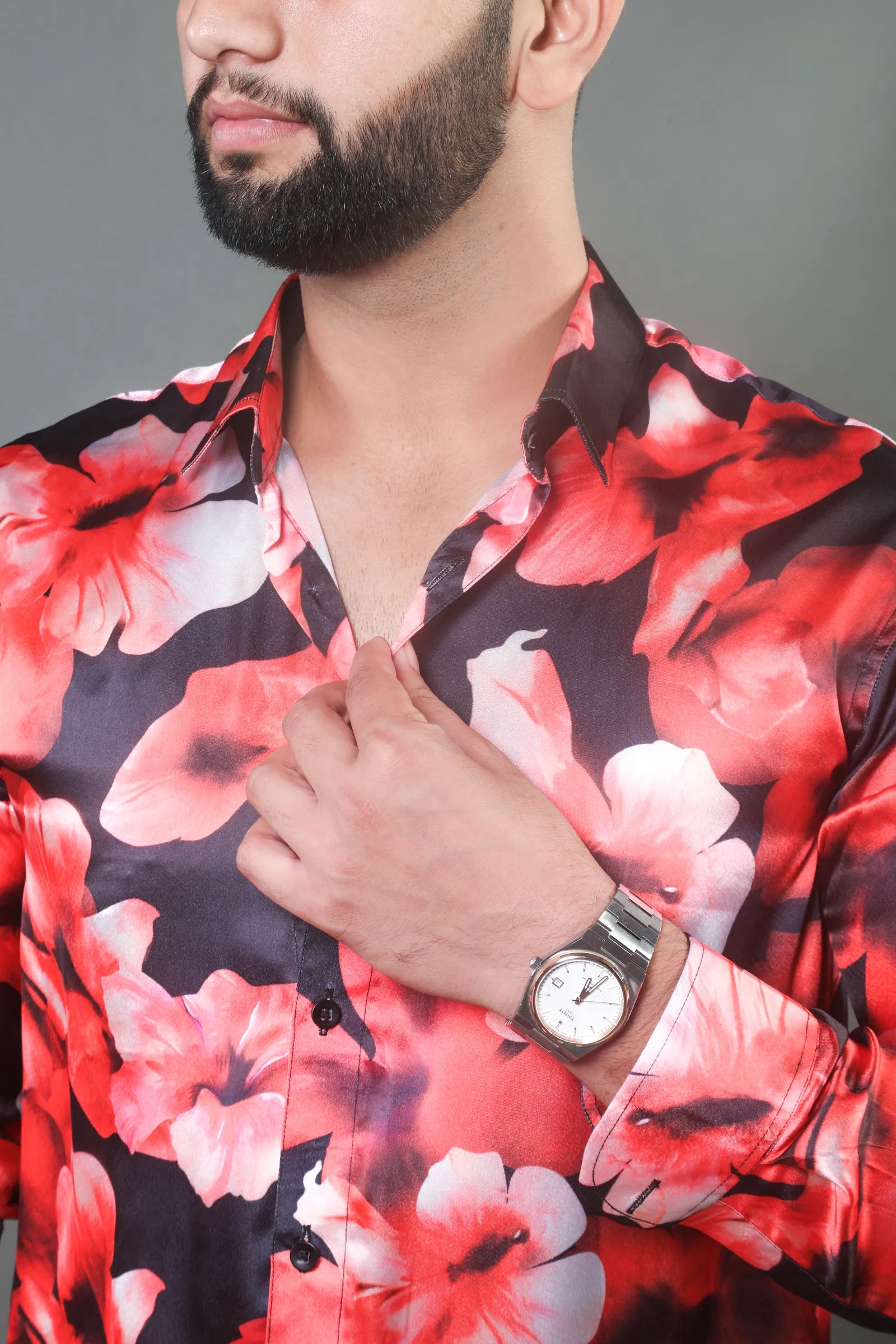 Red & Black Flower Printed Satin Shirt