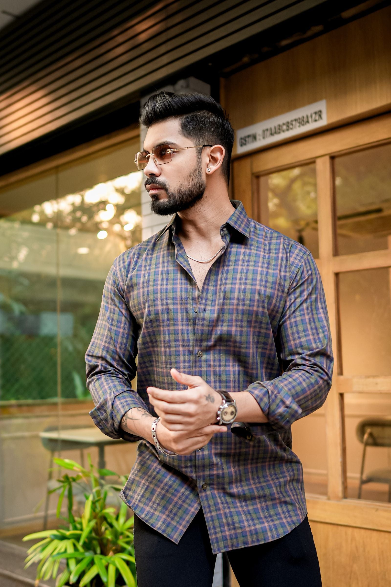 Green with Violet Check Premium Cotton Shirt