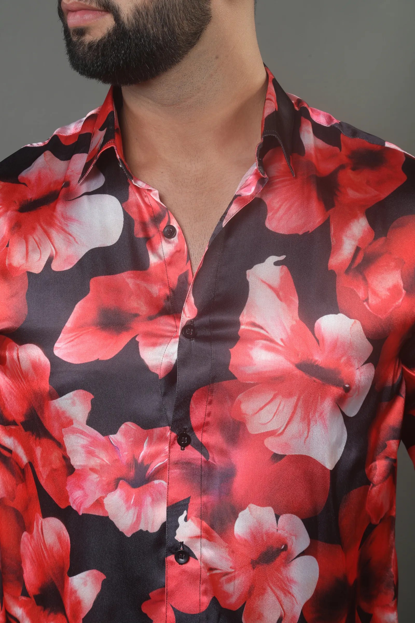 Red & Black Flower Printed Satin Shirt