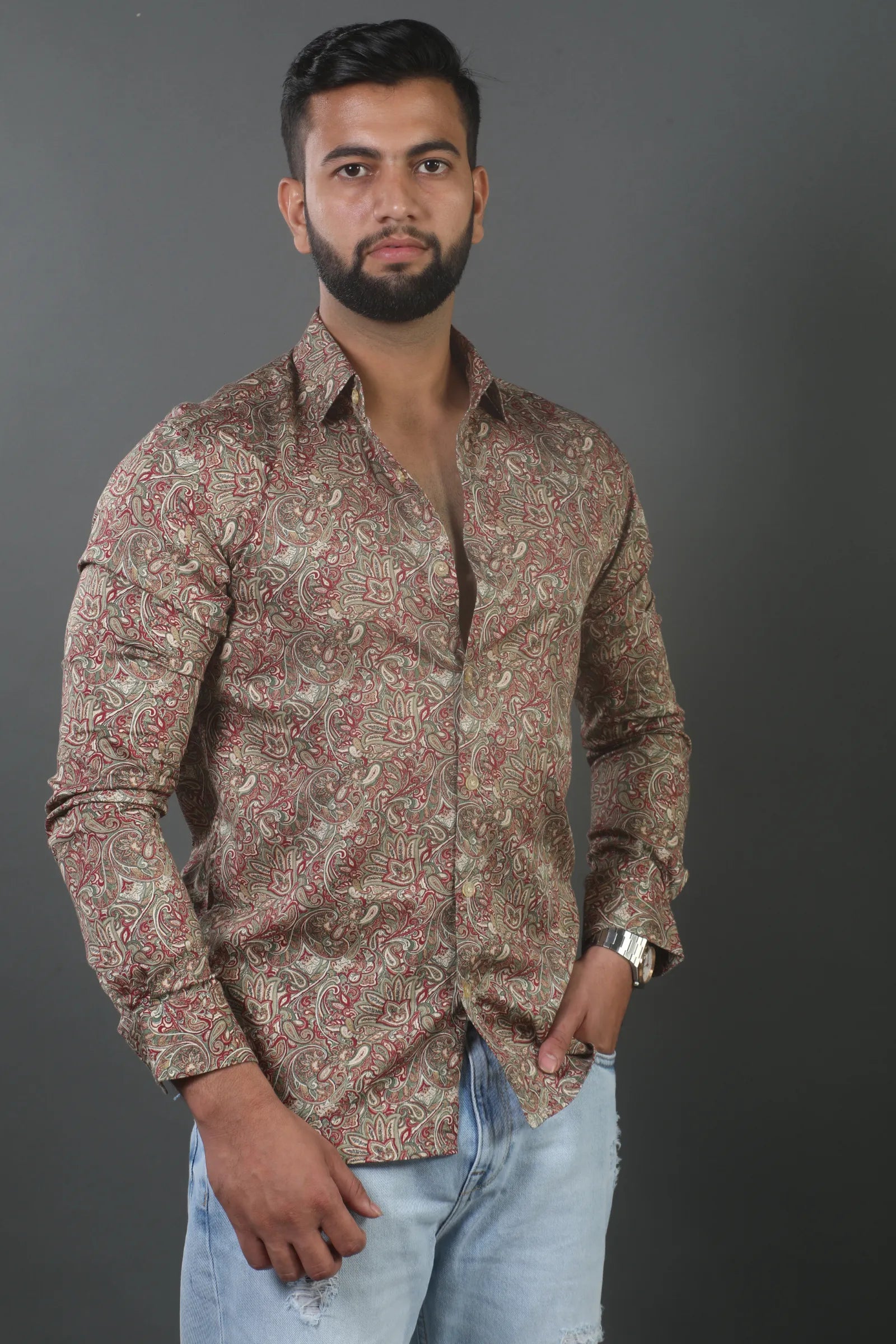 Olive Green Digital Printed Cotton Satin Shirt