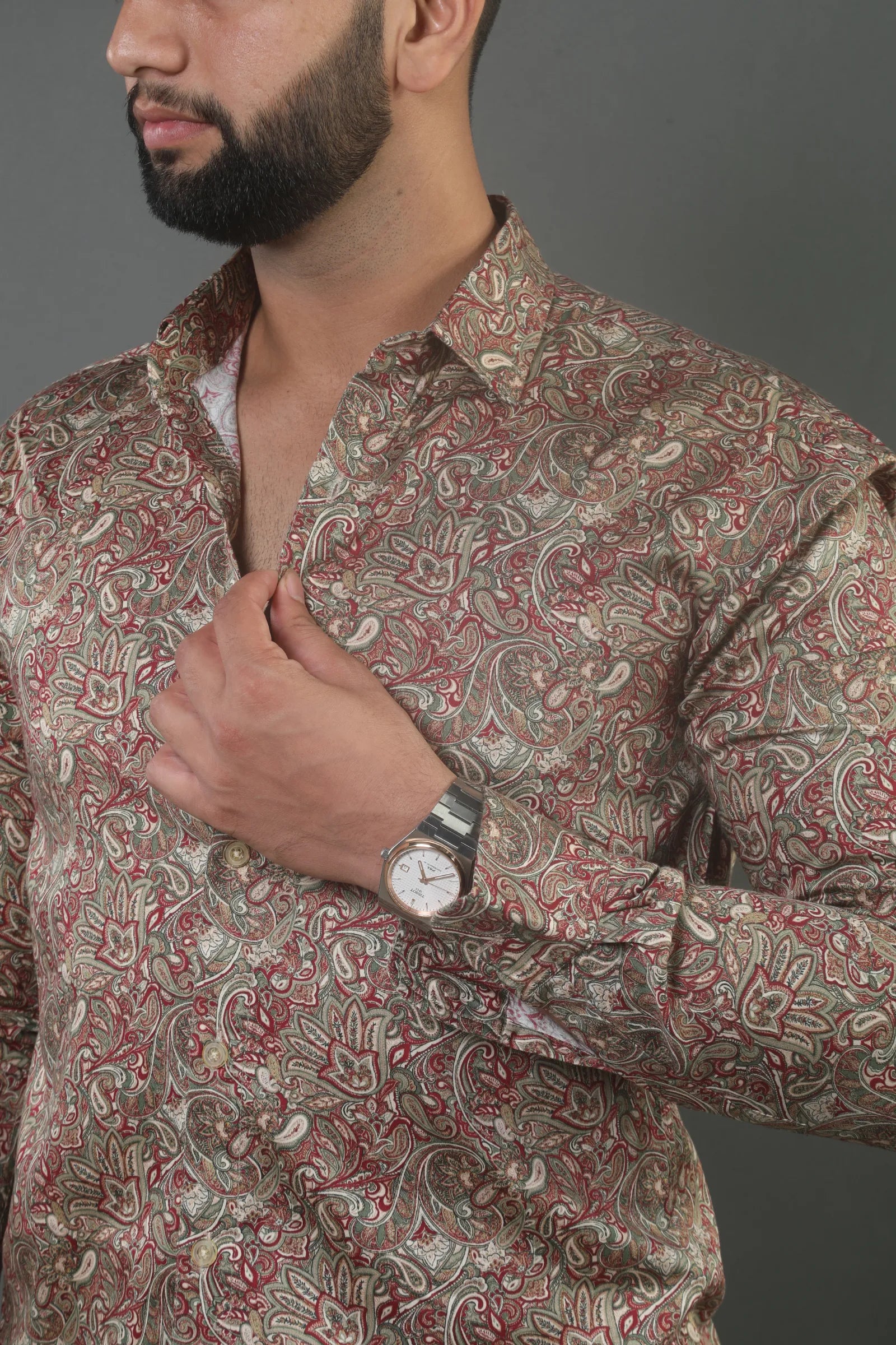 Olive Green Digital Printed Cotton Satin Shirt