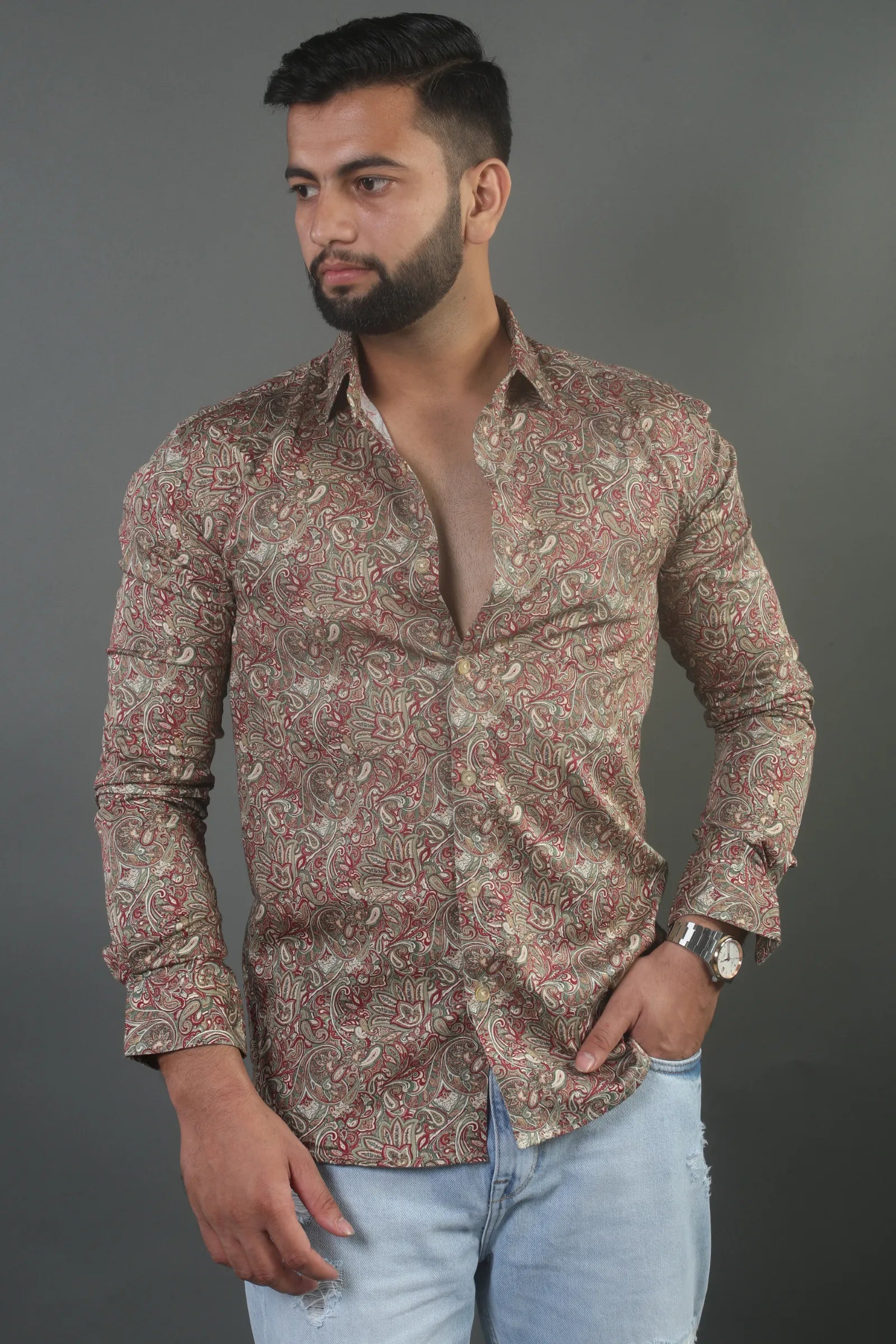 Olive Green Digital Printed Cotton Satin Shirt