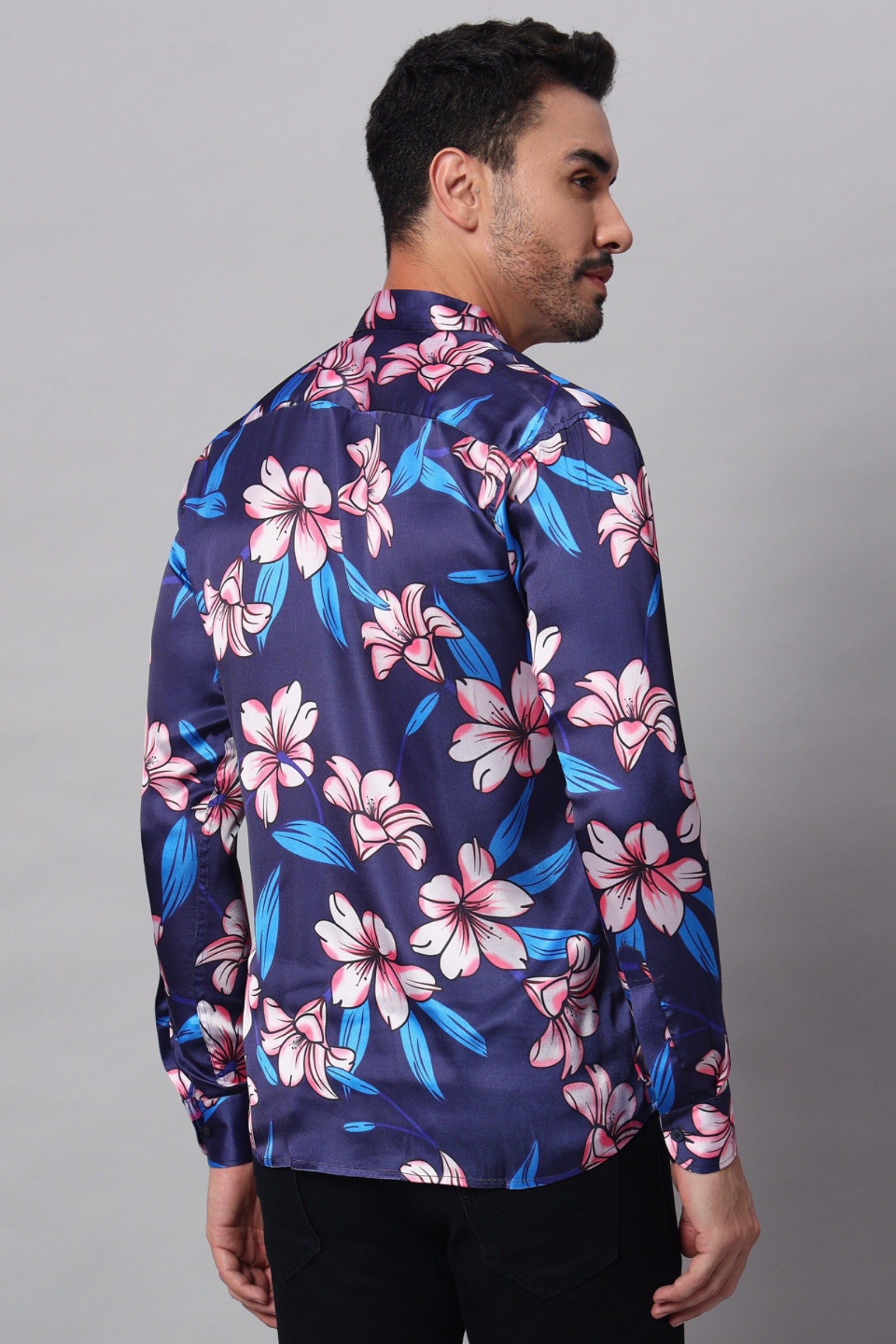 Navy Blue Flower Printed Shirt