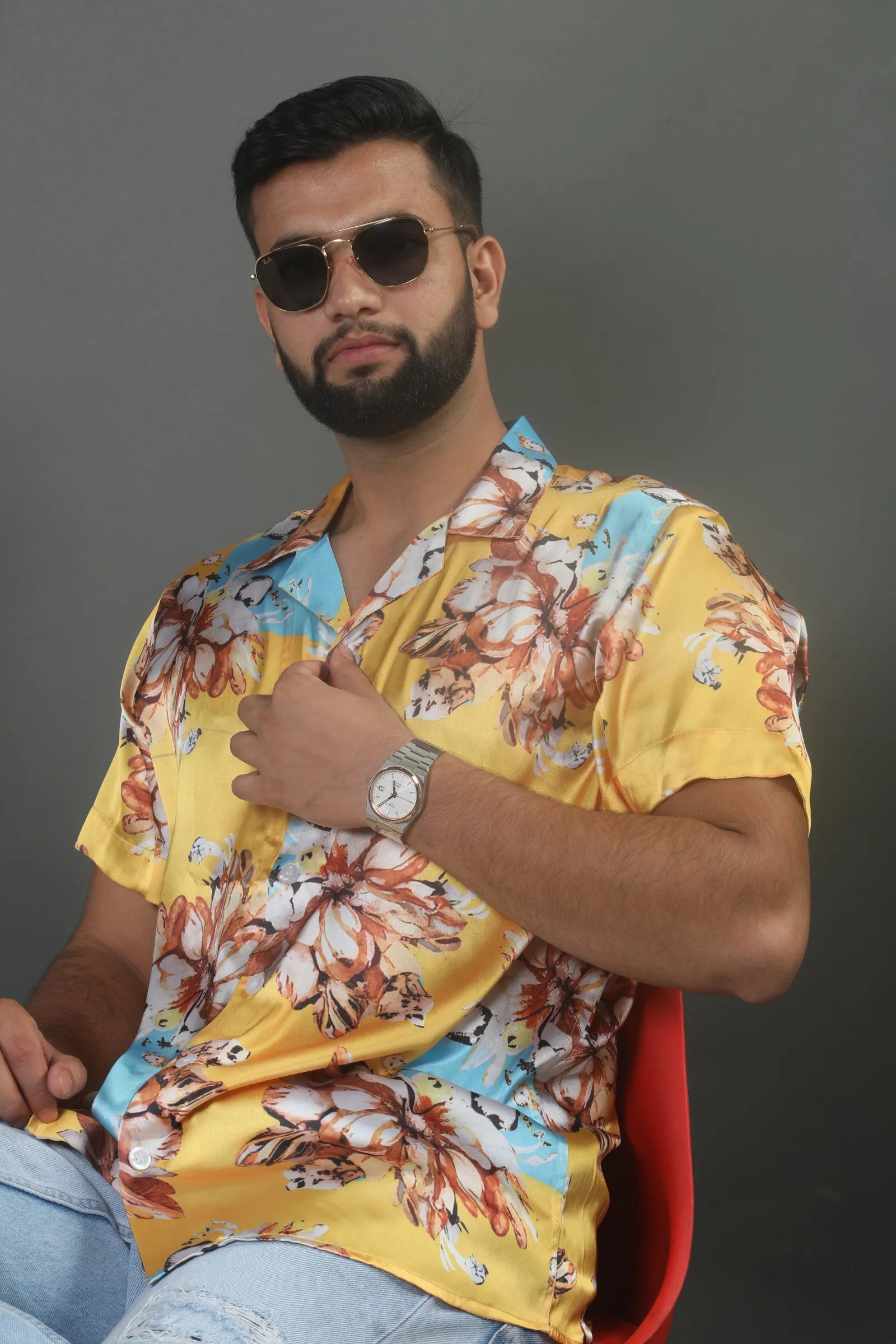 Yellow Flower Printed Satin Shirt