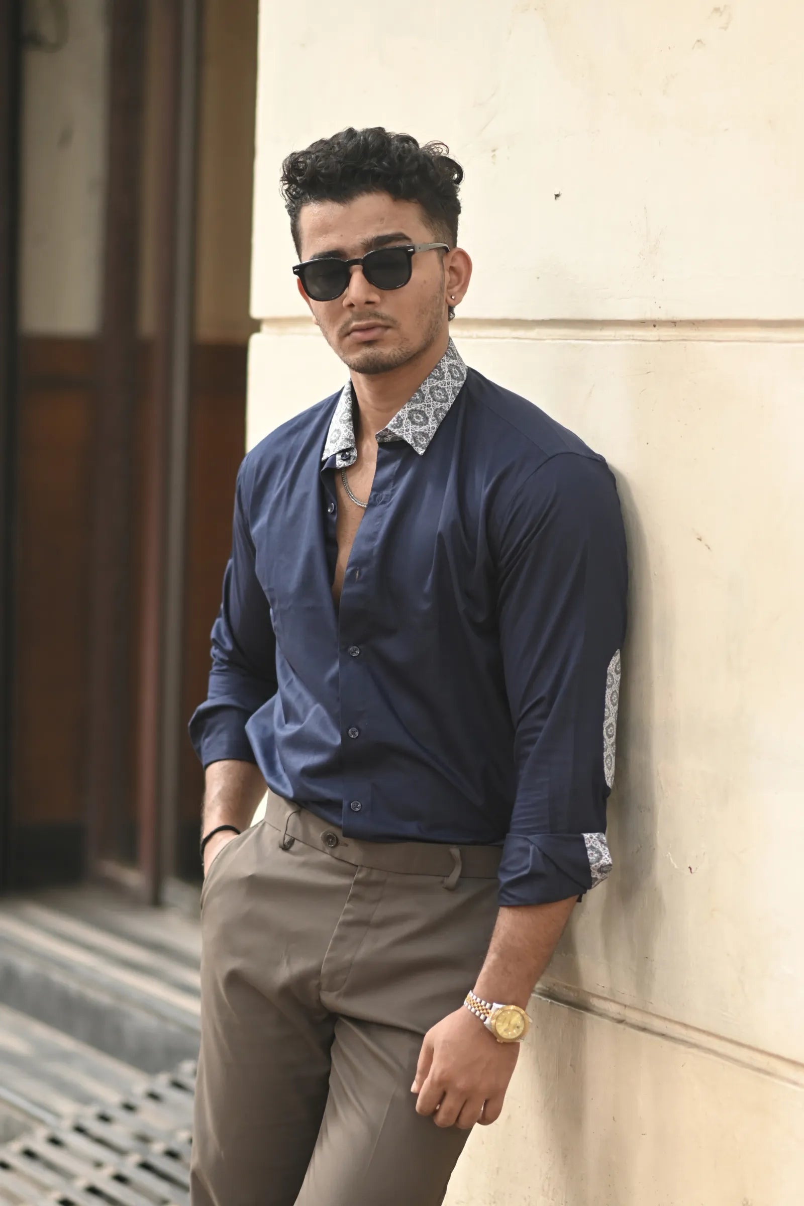 Navy Blue with Contrast Collor Coton Satin Shirt