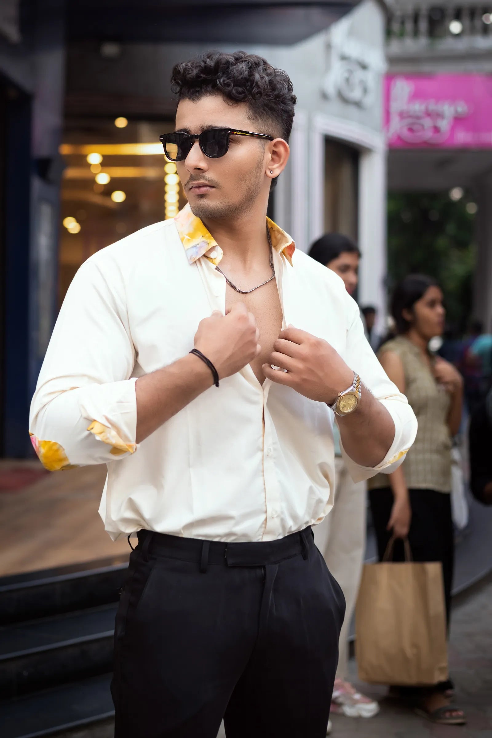 Cream Solid Shirt with Contrast Collar & Cuffs