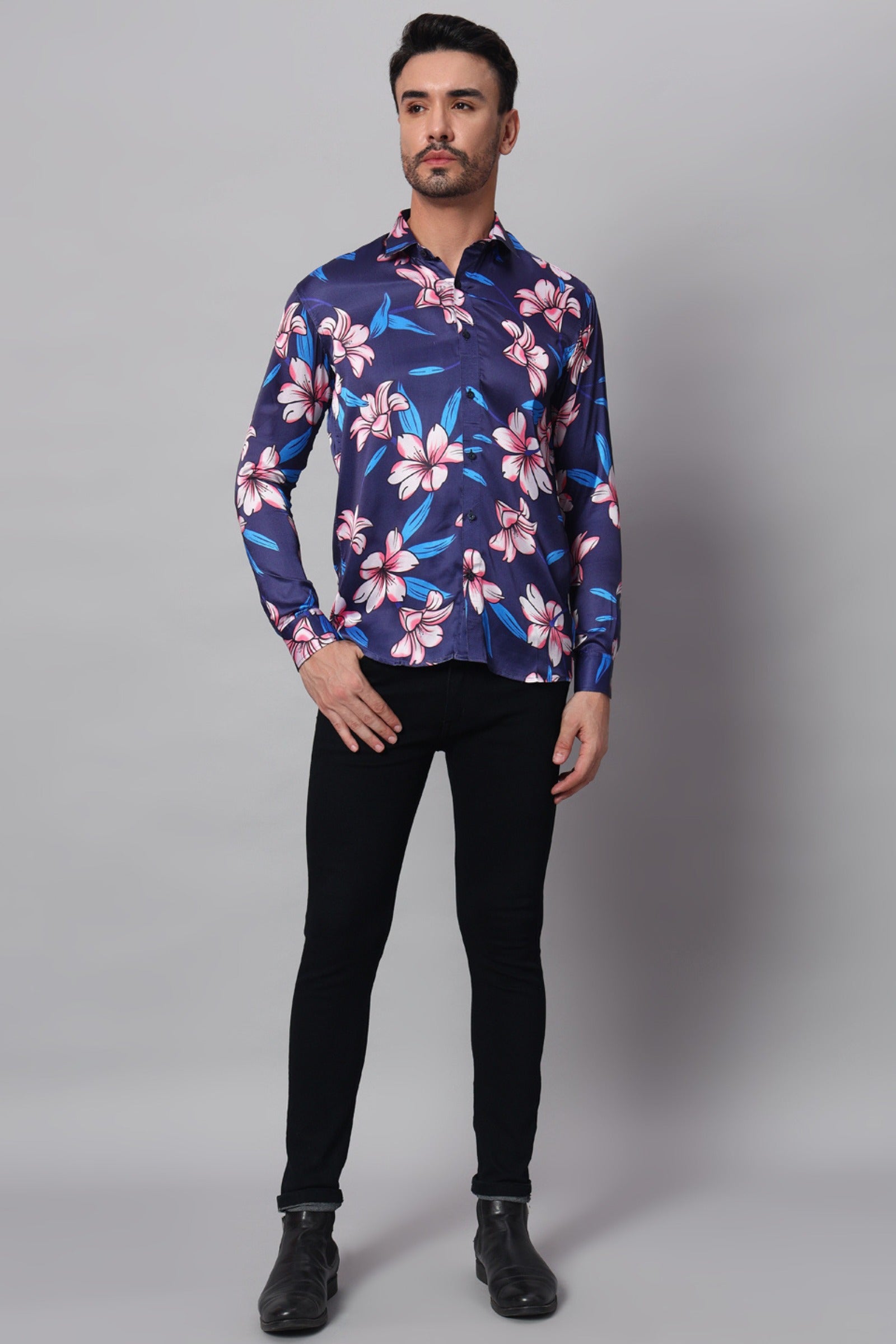 Navy Blue Flower Printed Shirt