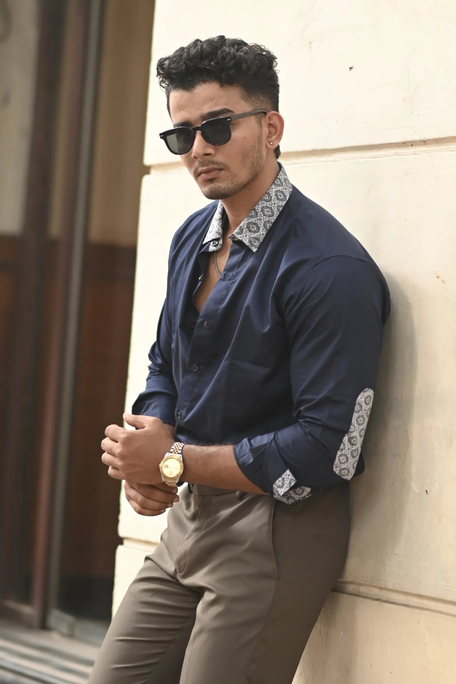 Navy Blue with Contrast Collor Coton Satin Shirt