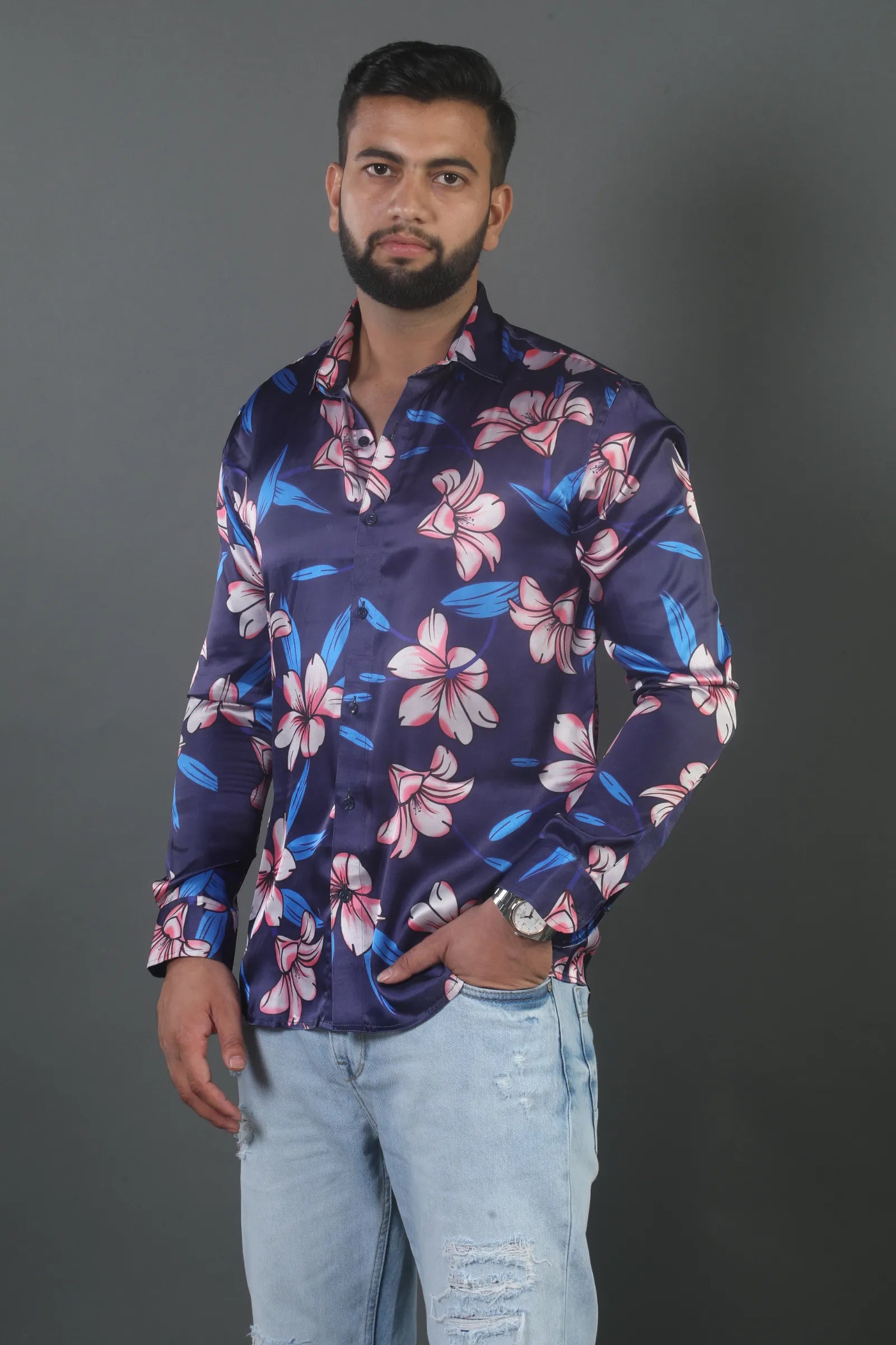 Navy Blue Flower Printed Satin Shirt