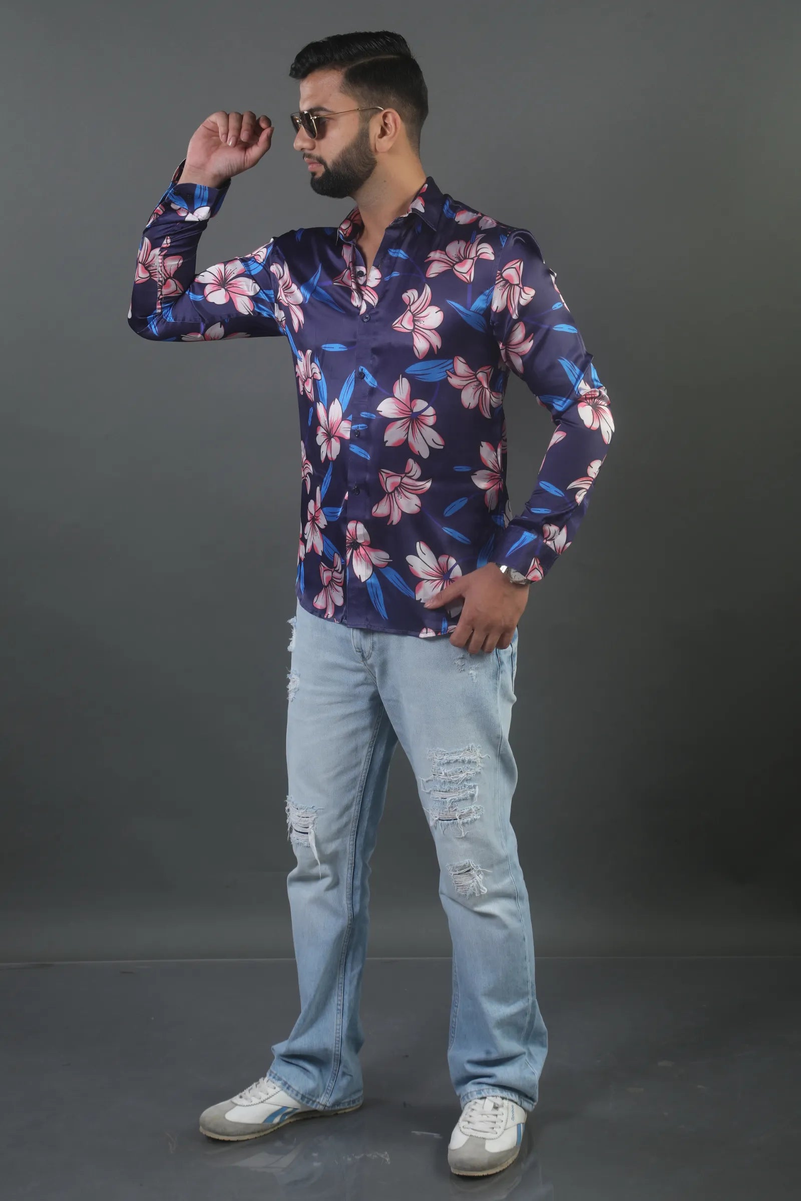 Navy Blue Flower Printed Satin Shirt