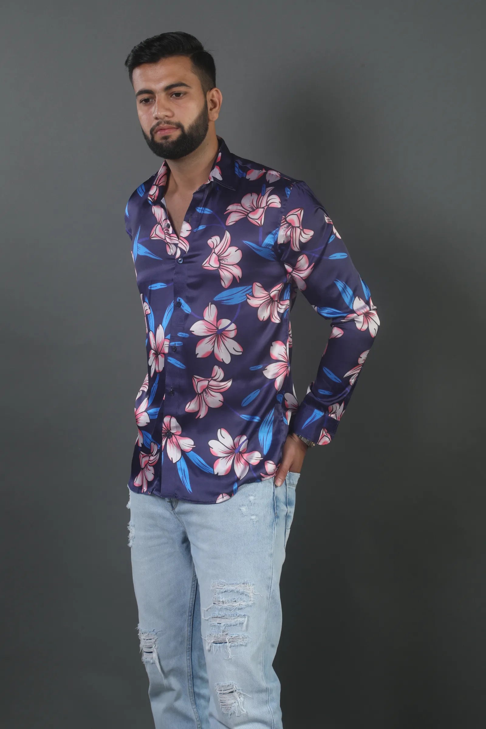 Navy Blue Flower Printed Satin Shirt