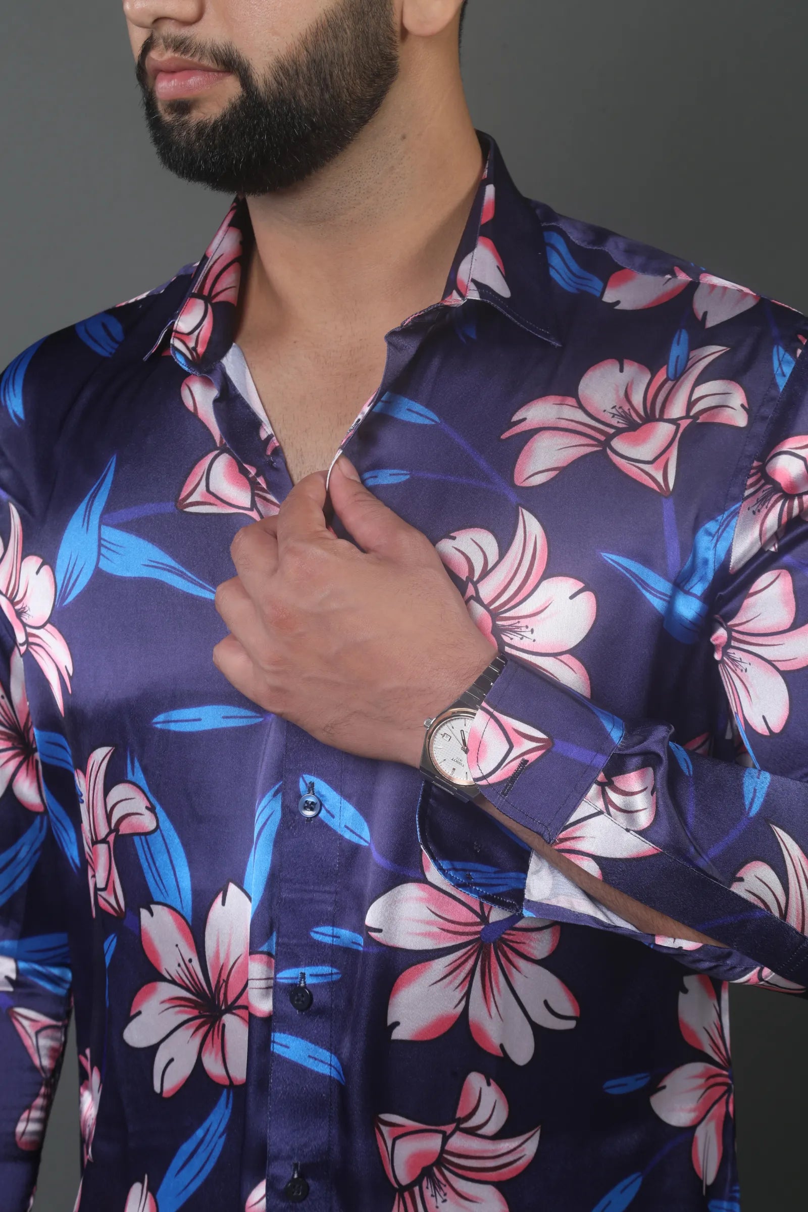 Navy Blue Flower Printed Satin Shirt