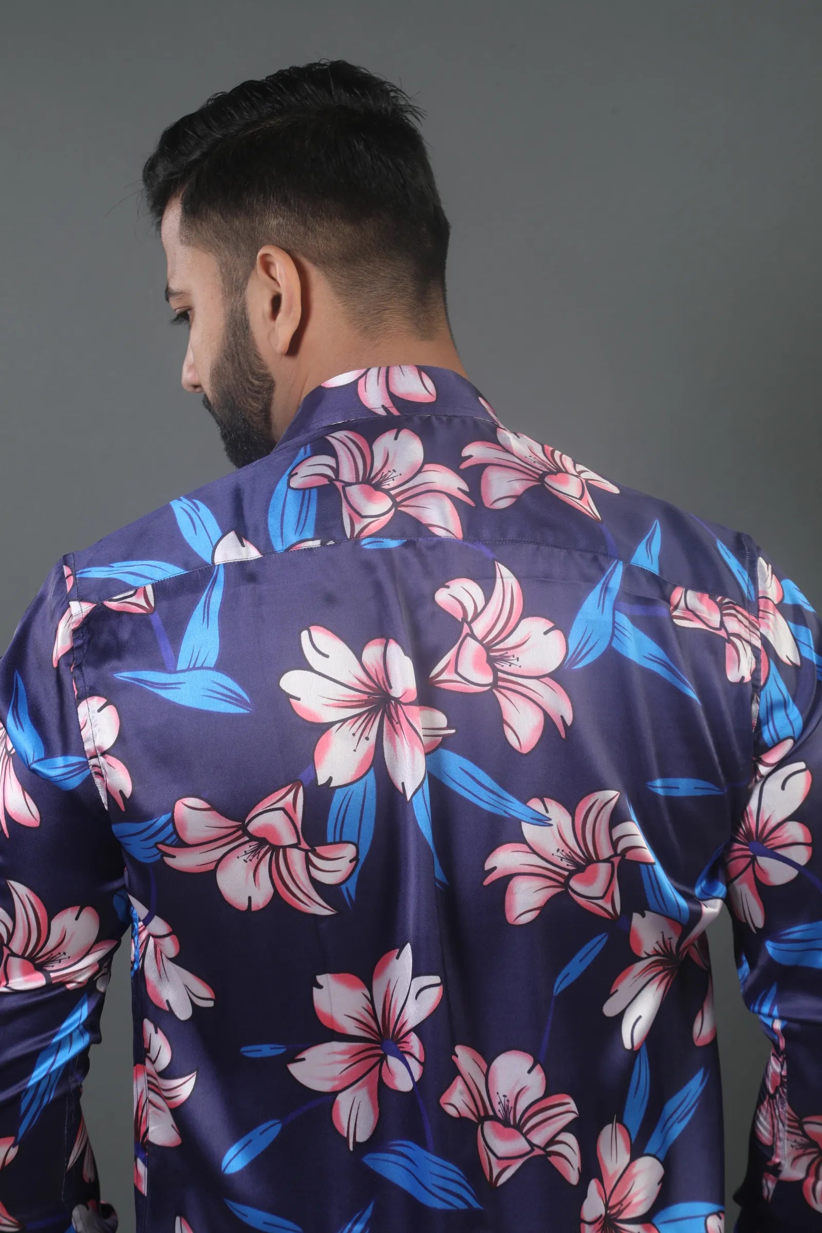 Navy Blue Flower Printed Satin Shirt