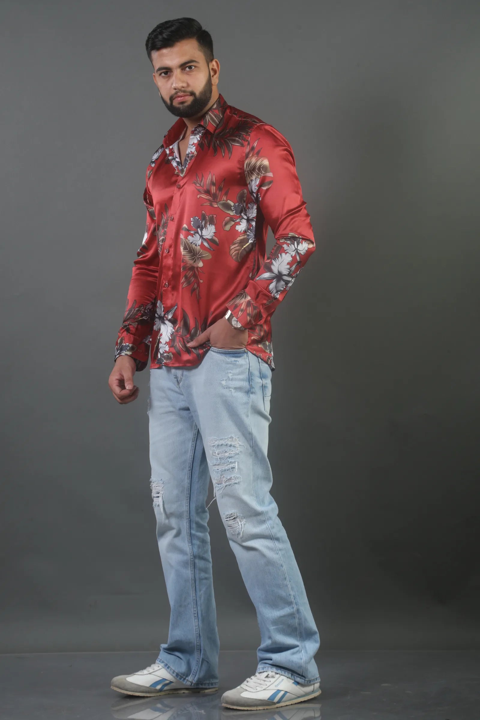 Red Leaf Printed Satin Shirt