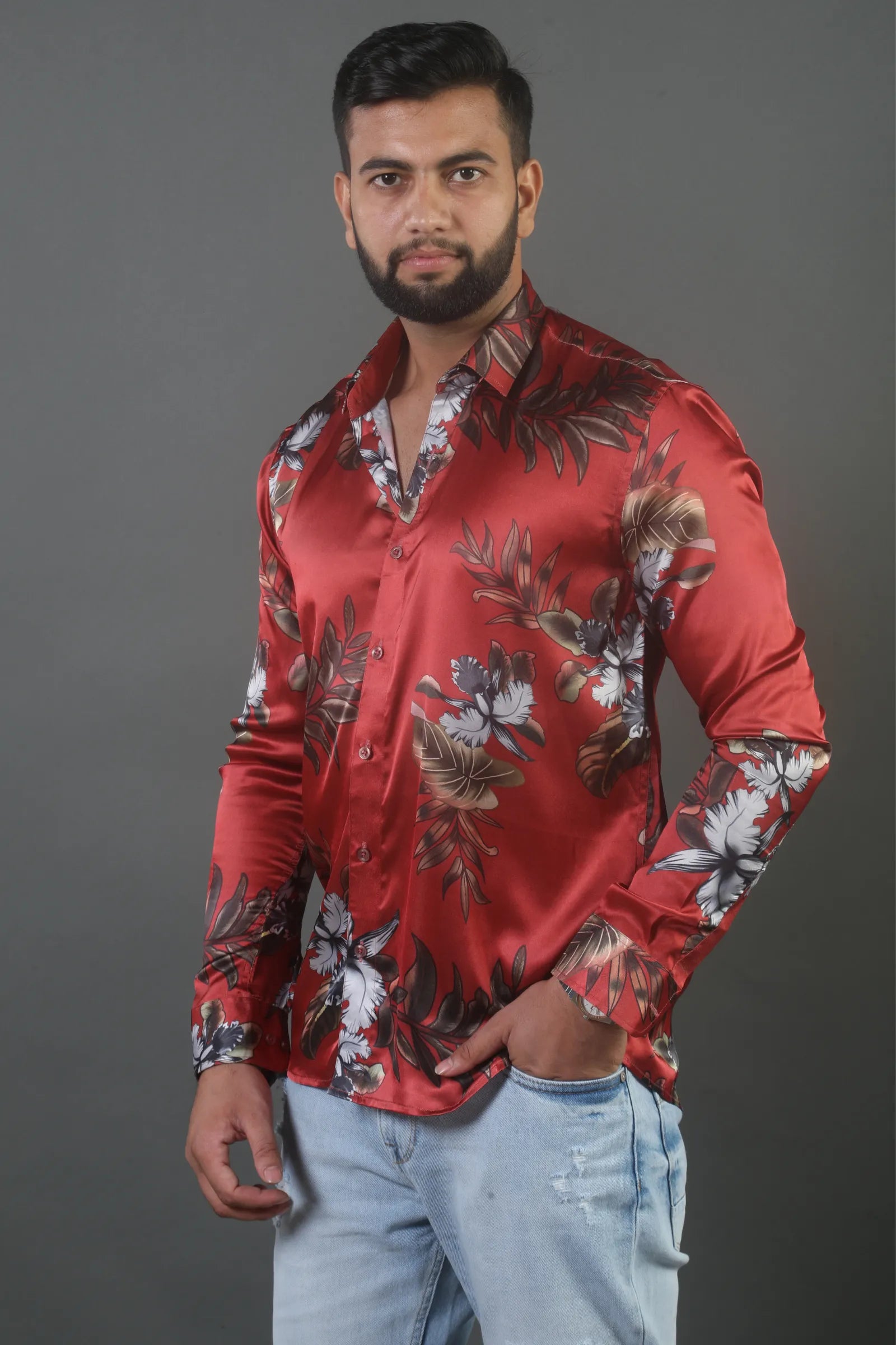 Red Leaf Printed Satin Shirt