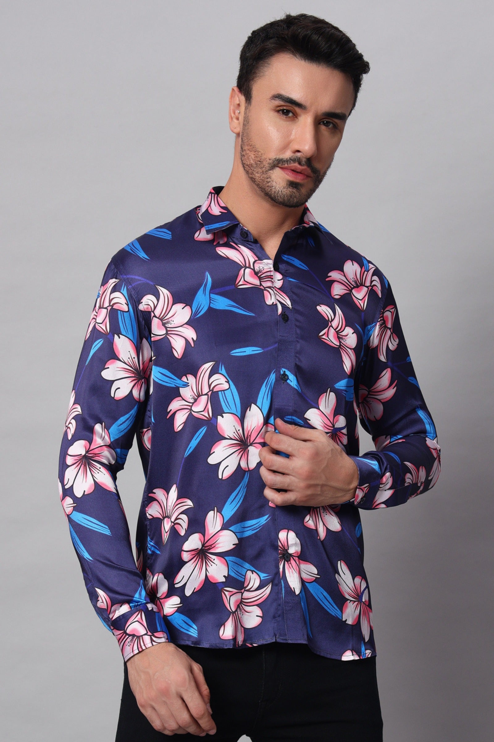 Navy Blue Flower Printed Shirt