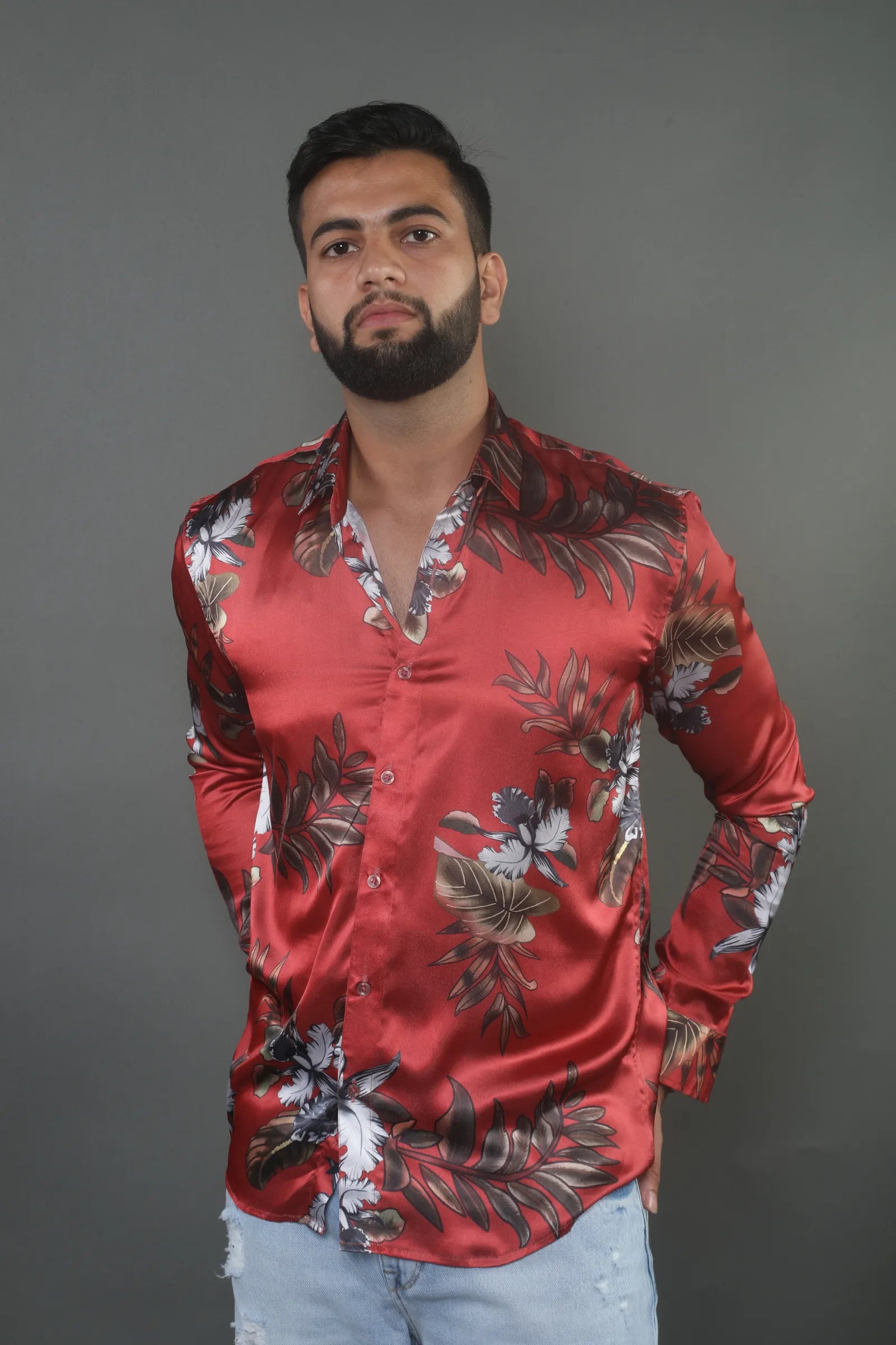 Red Leaf Printed Satin Shirt