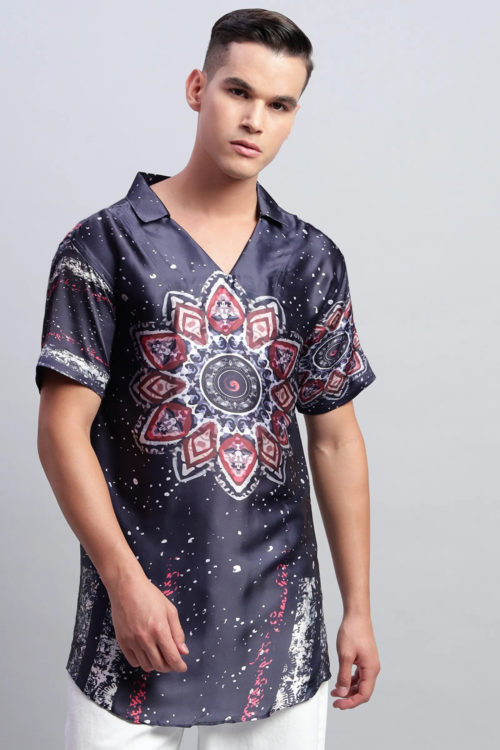 Navy Blue Printed Satin Short Kurta