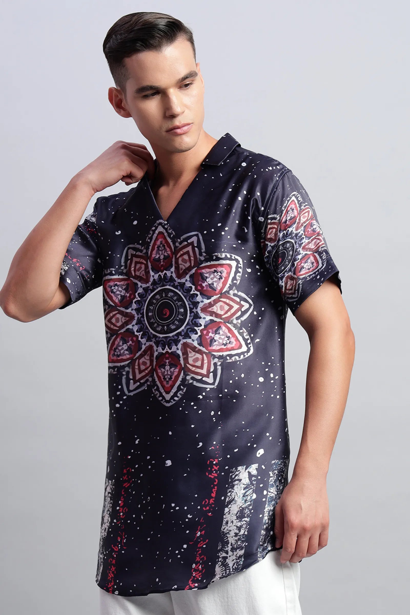 Navy Blue Printed Satin Short Kurta