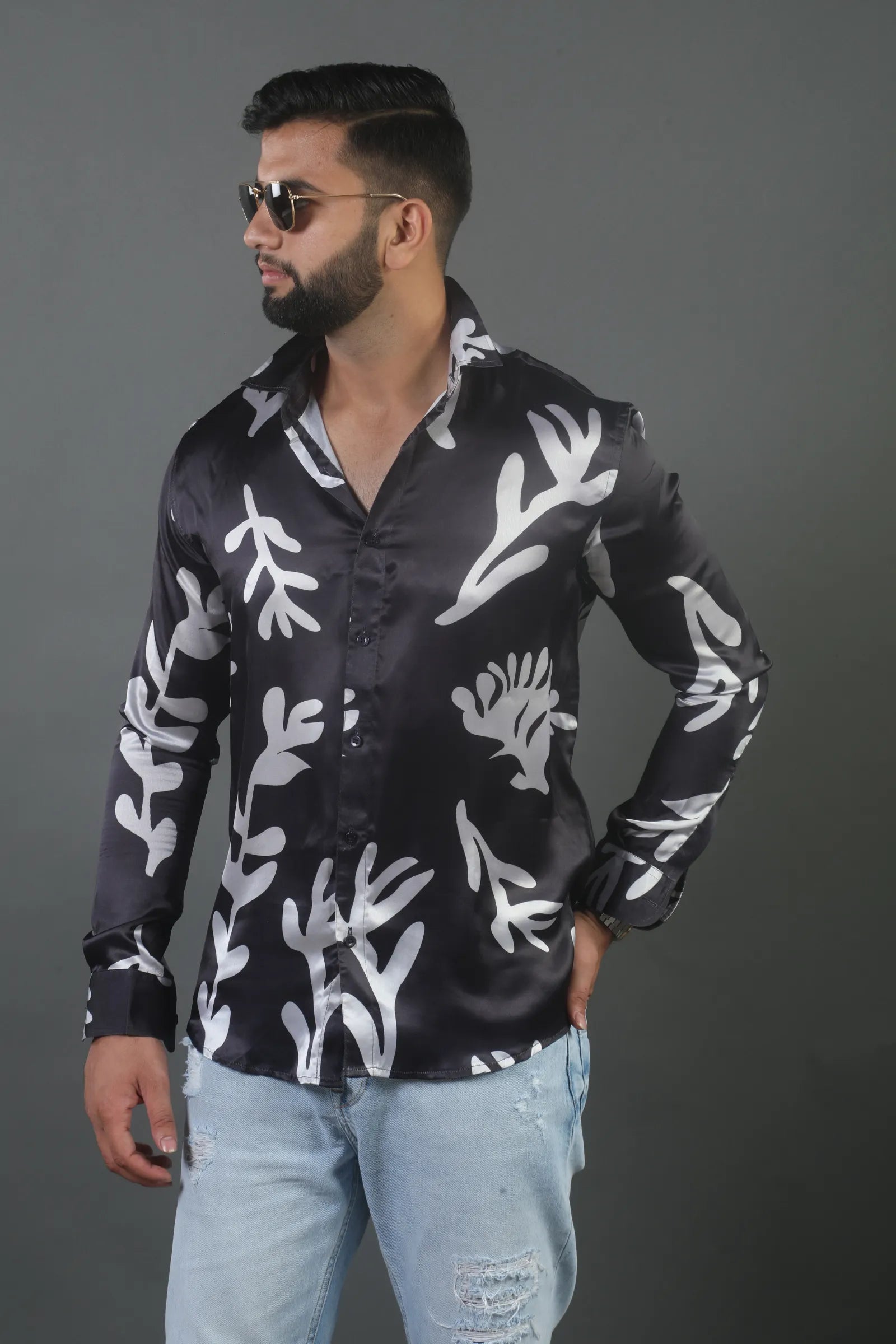 Black with White leaf Printed Shirt