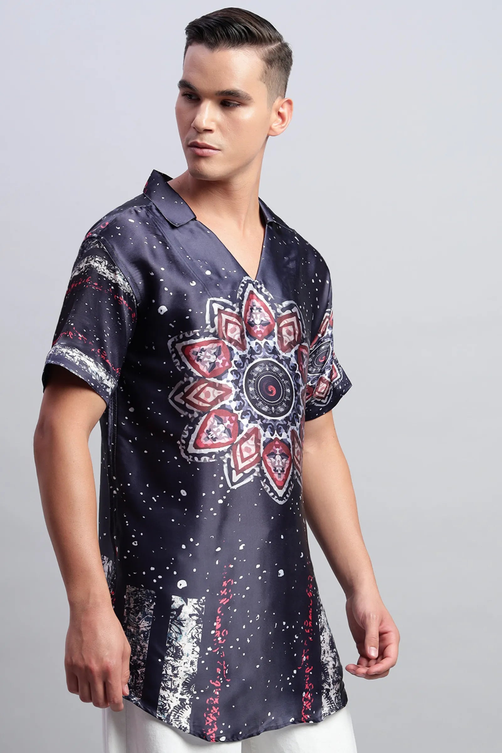 Navy Blue Printed Satin Short Kurta