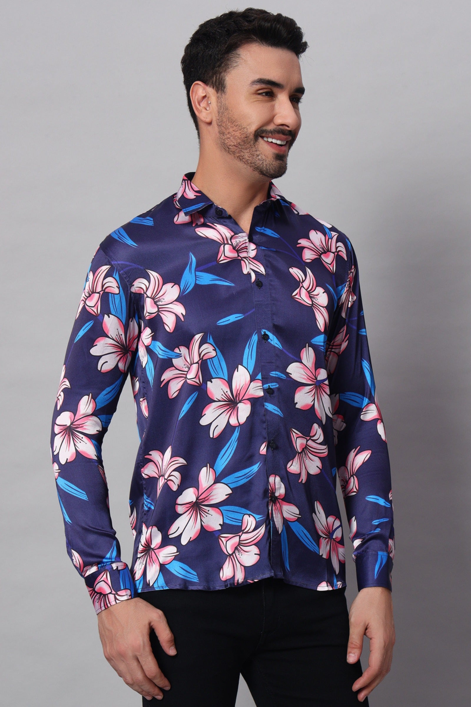 Navy Blue Flower Printed Shirt