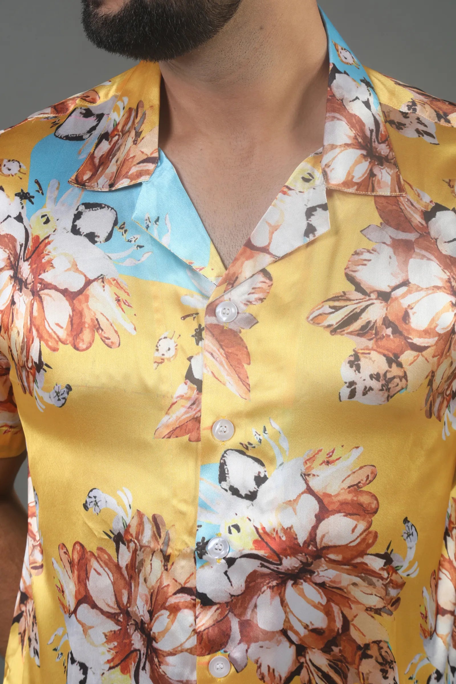 Yellow Flower Printed Satin Shirt