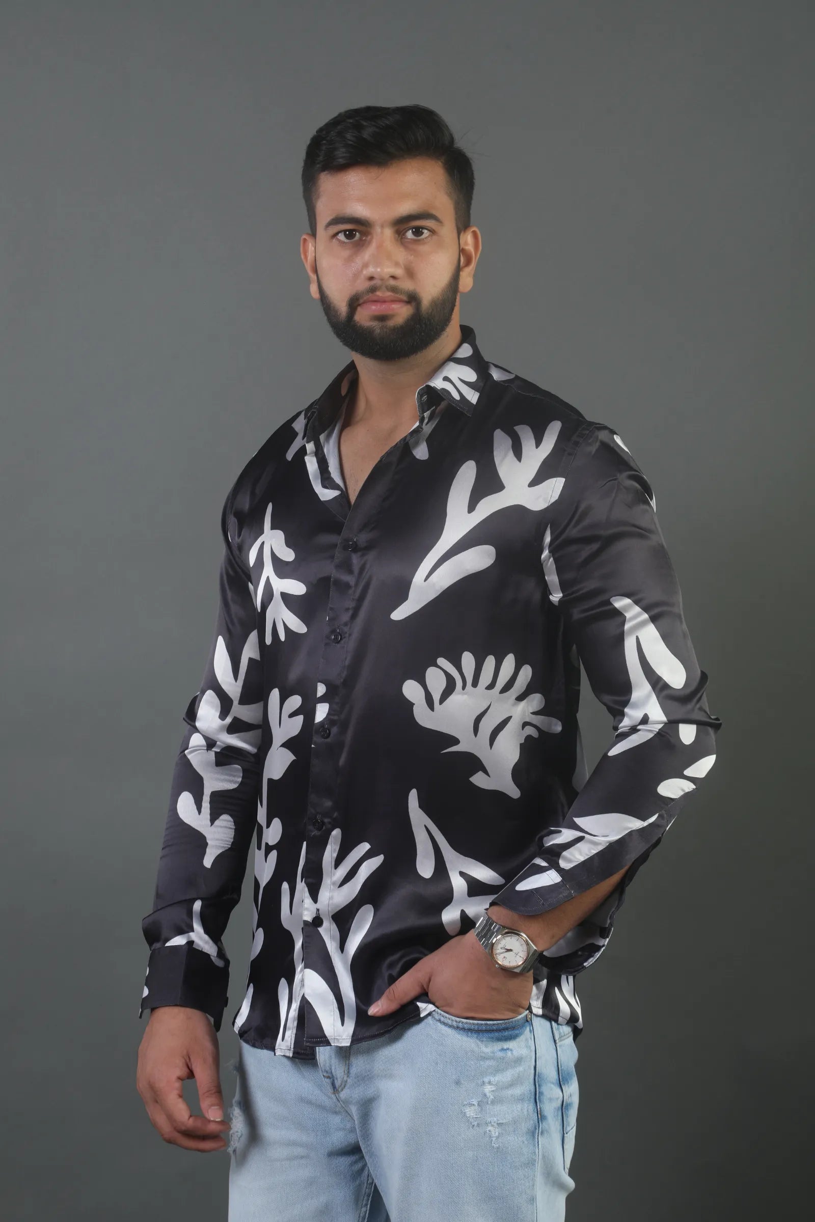 Black with White leaf Printed Shirt