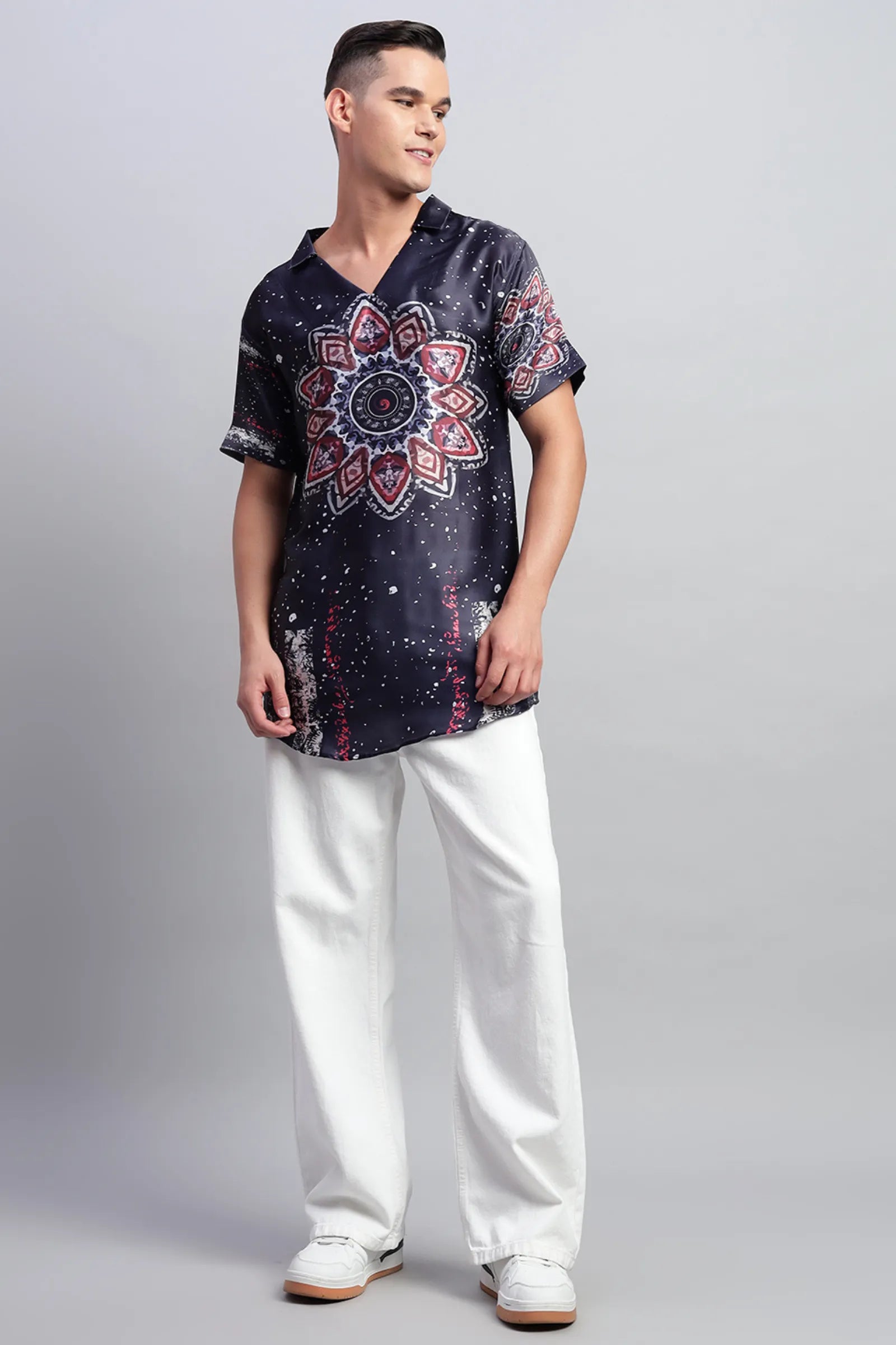 Navy Blue Printed Satin Short Kurta