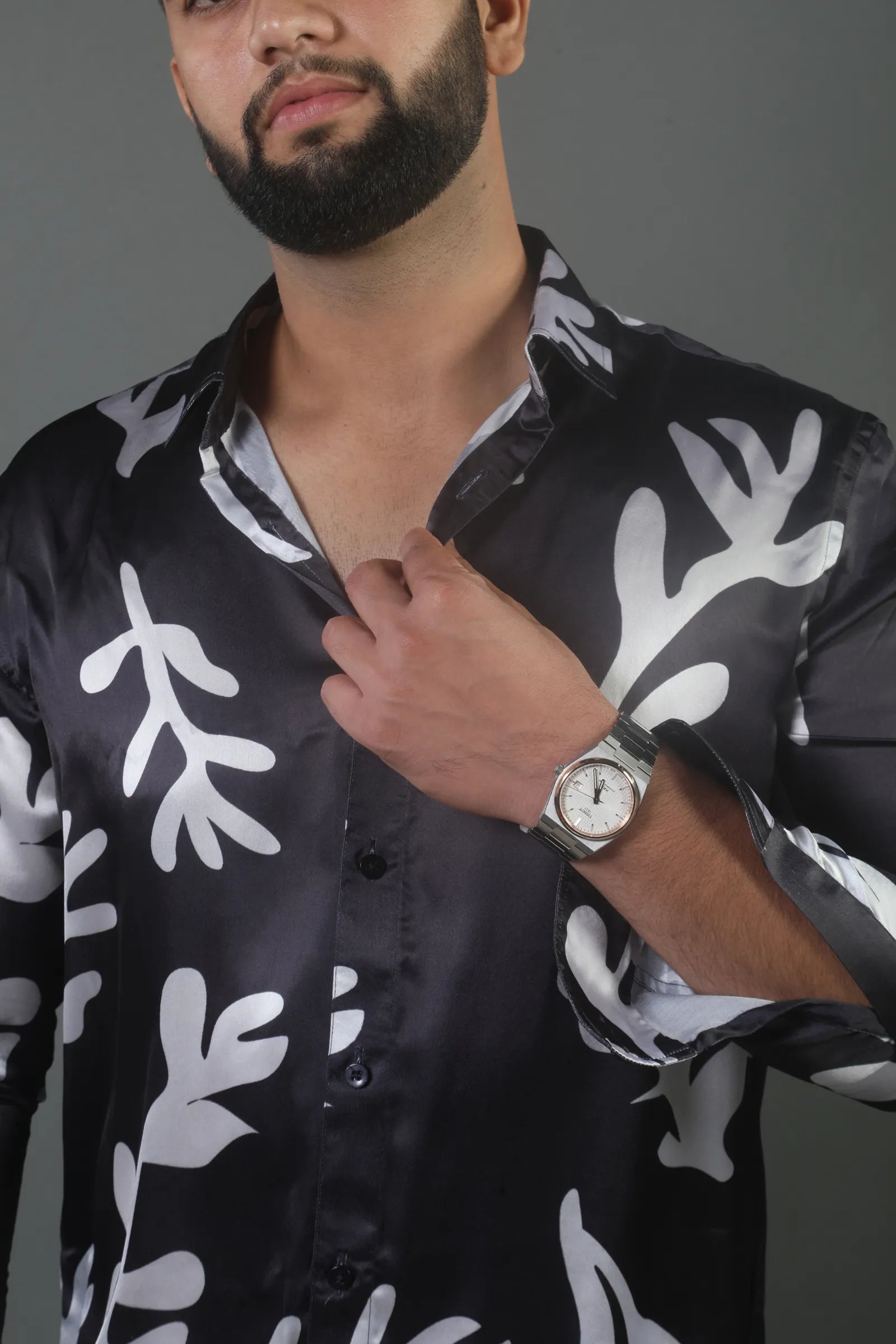 Black with White leaf Printed Shirt