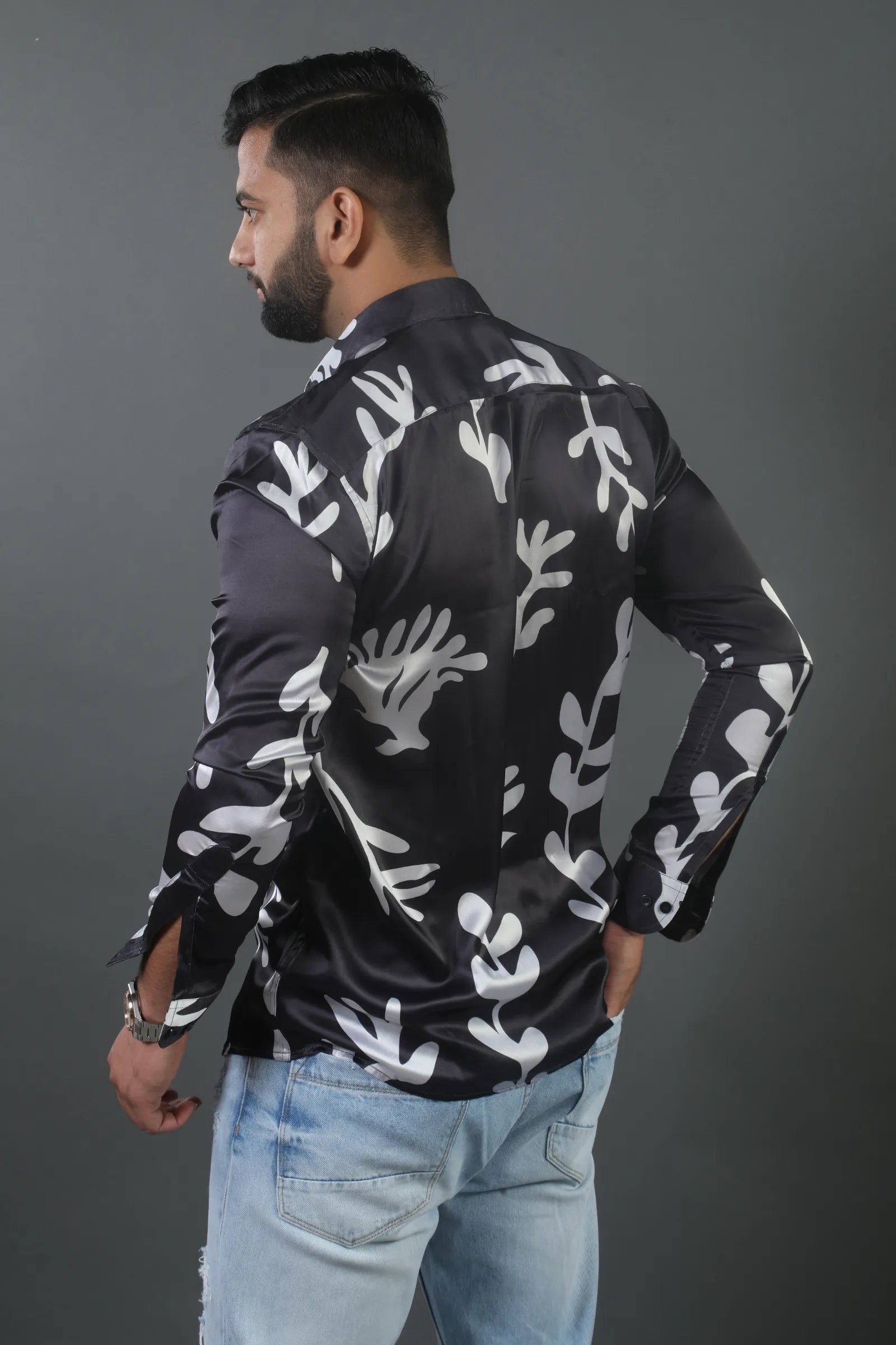 Black with White leaf Printed Shirt