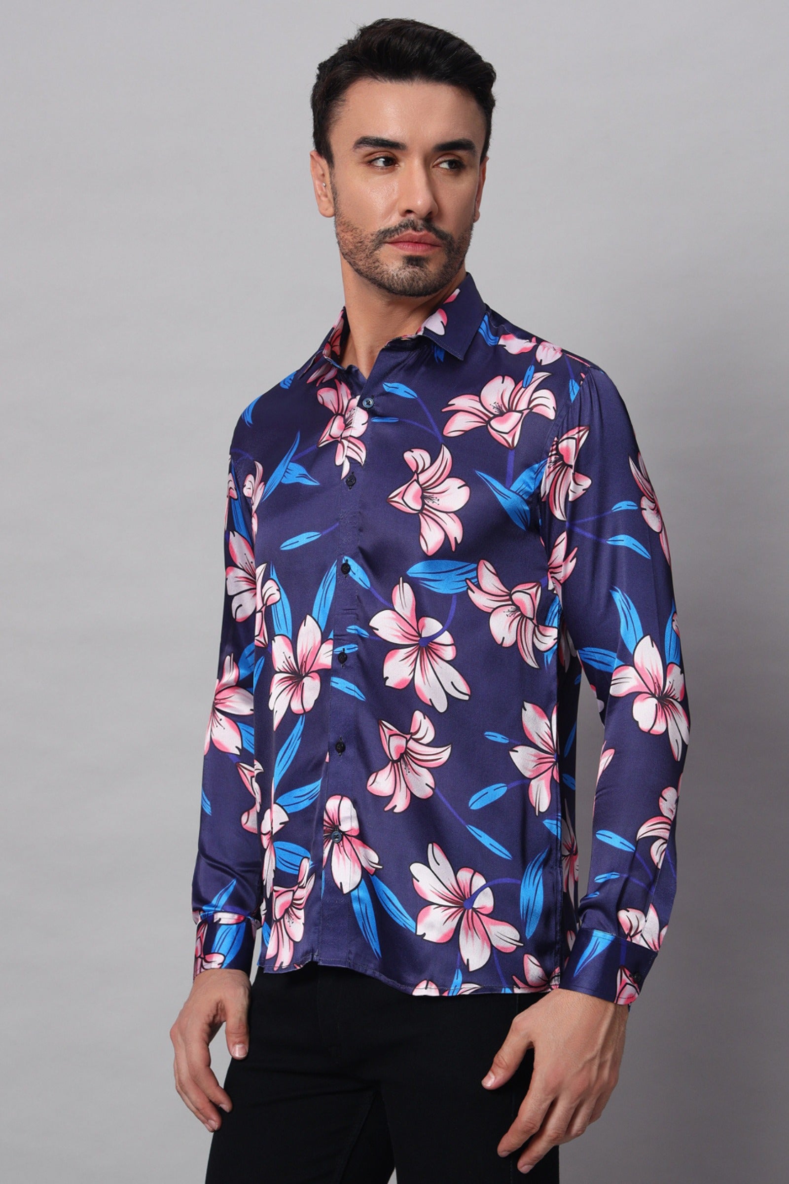 Navy Blue Flower Printed Shirt