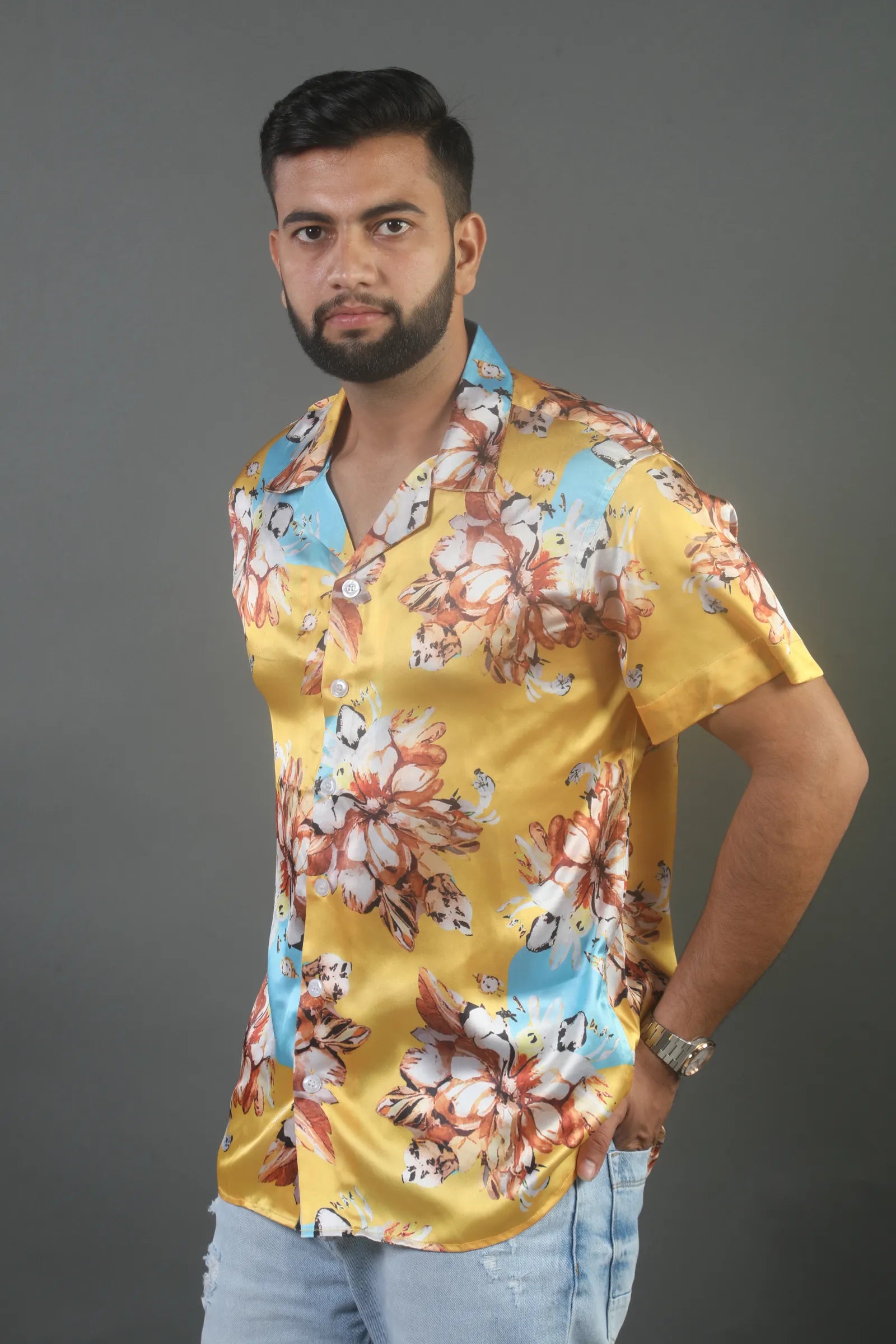 Yellow Flower Printed Satin Shirt