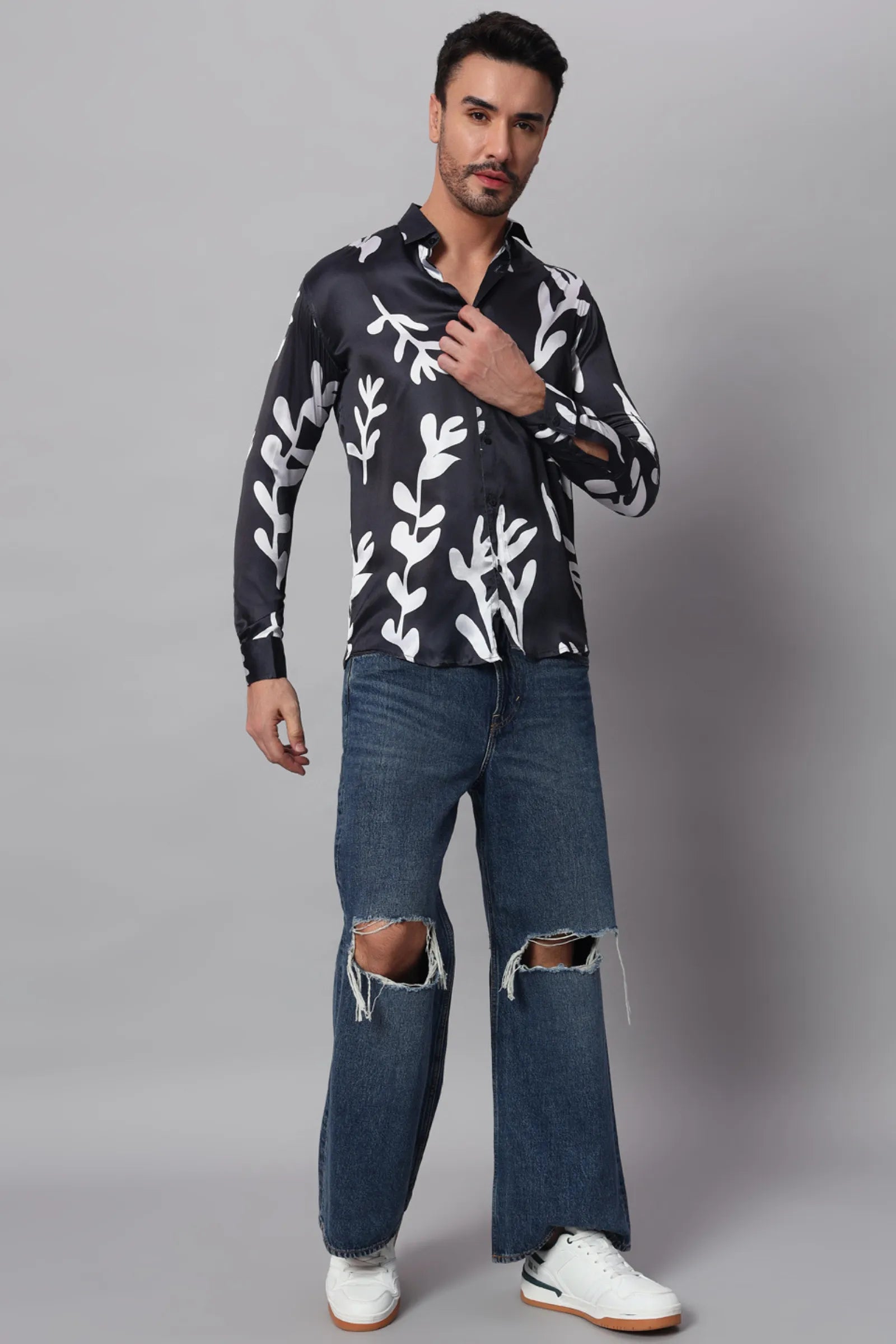 Black with White leaf Printed Shirt