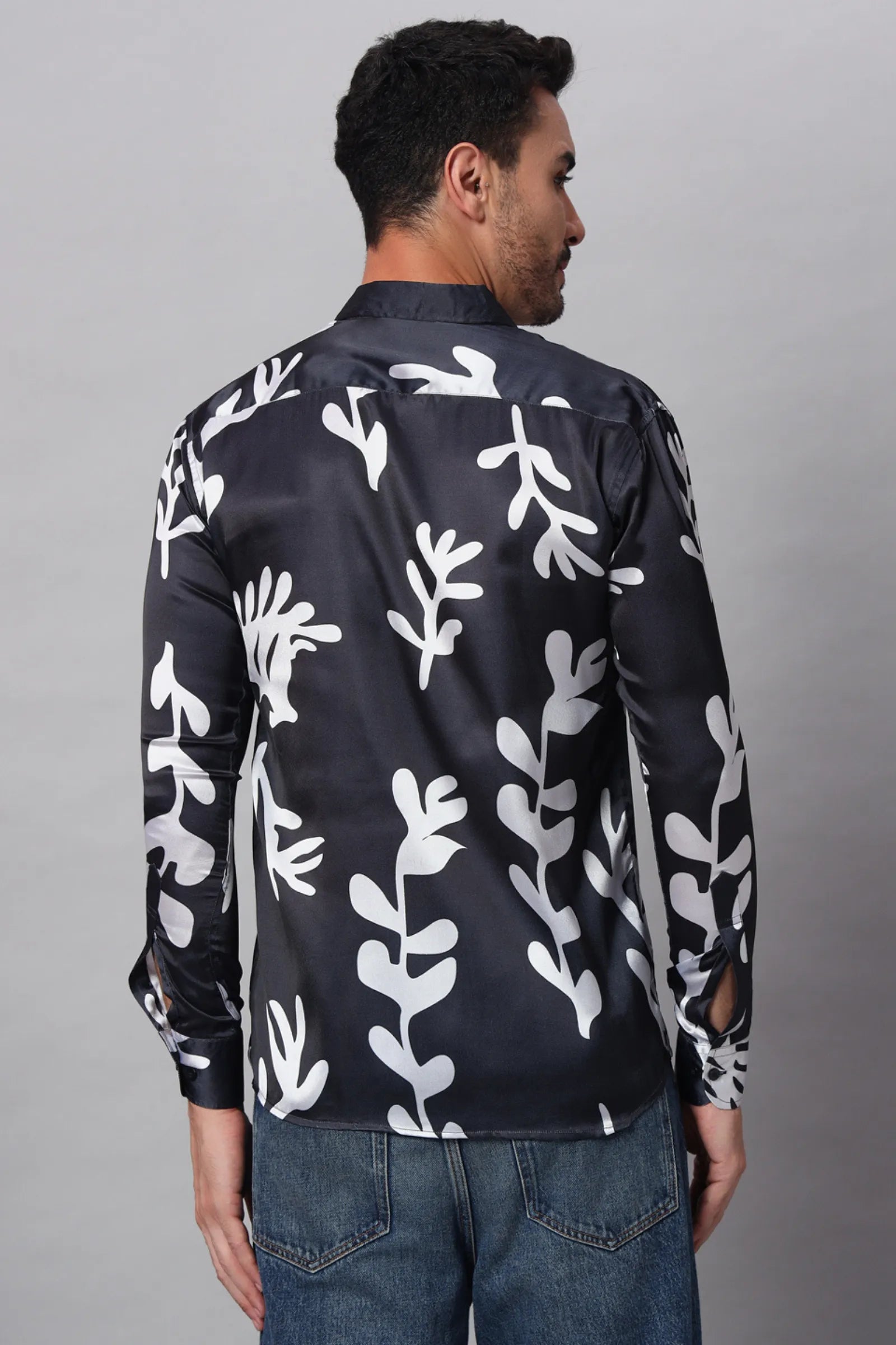 Black with White leaf Printed Shirt