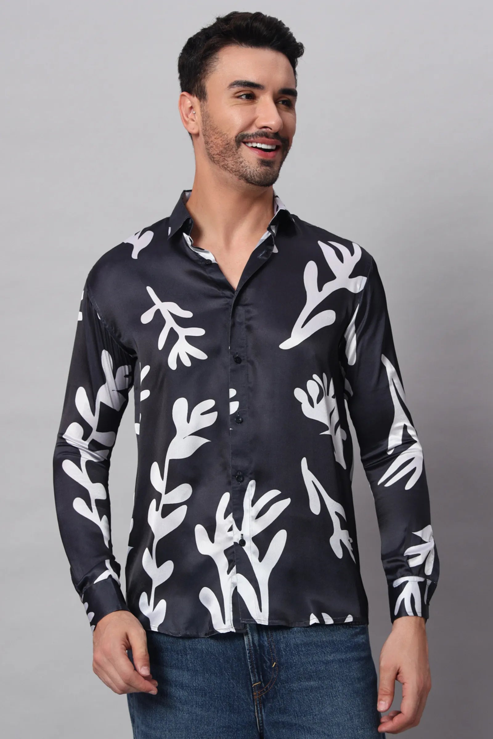 Black with White leaf Printed Shirt