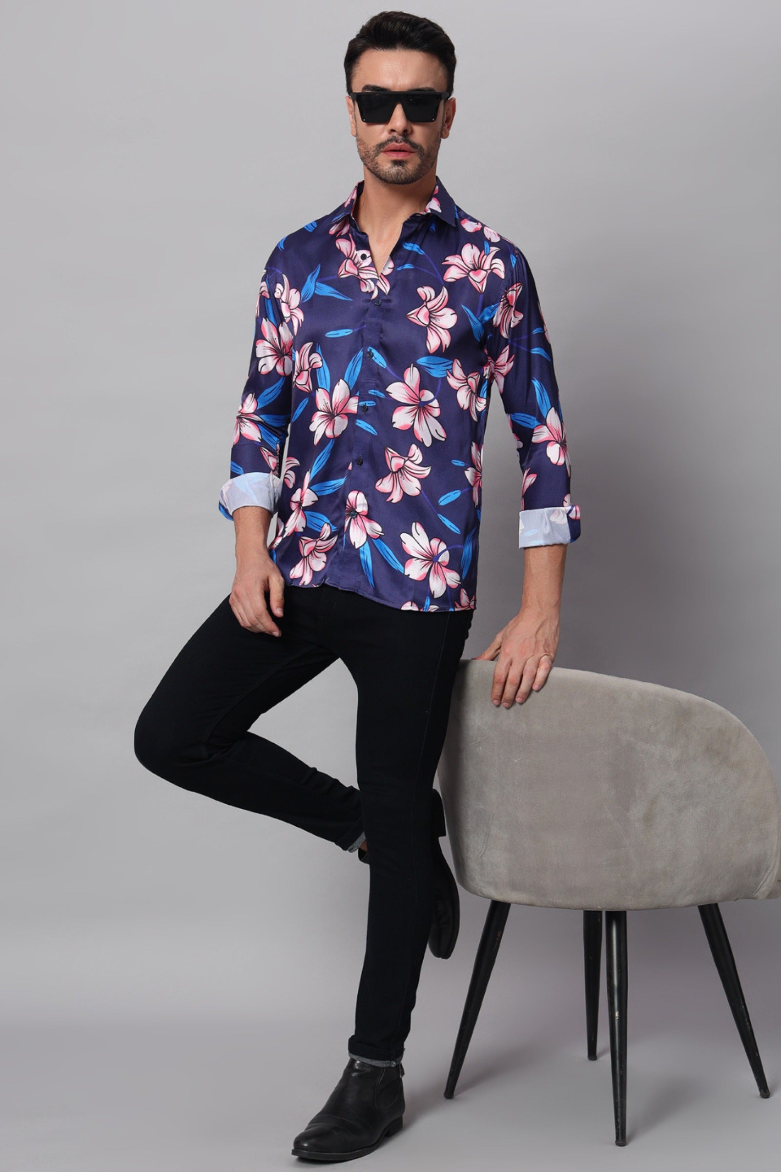 Navy Blue Flower Printed Shirt