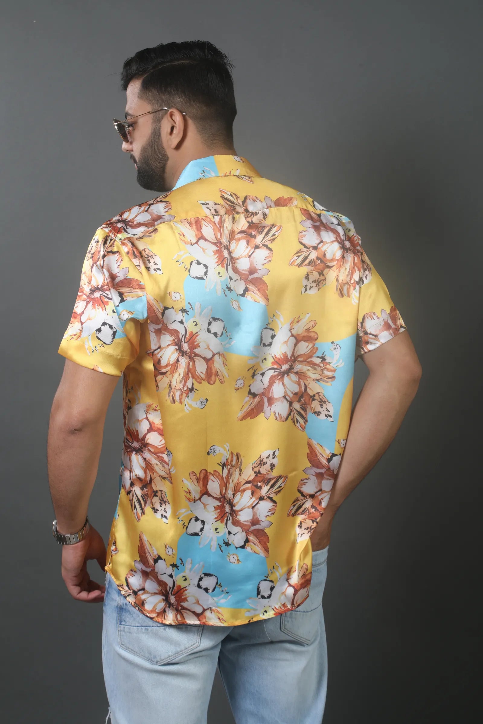 Yellow Flower Printed Satin Shirt