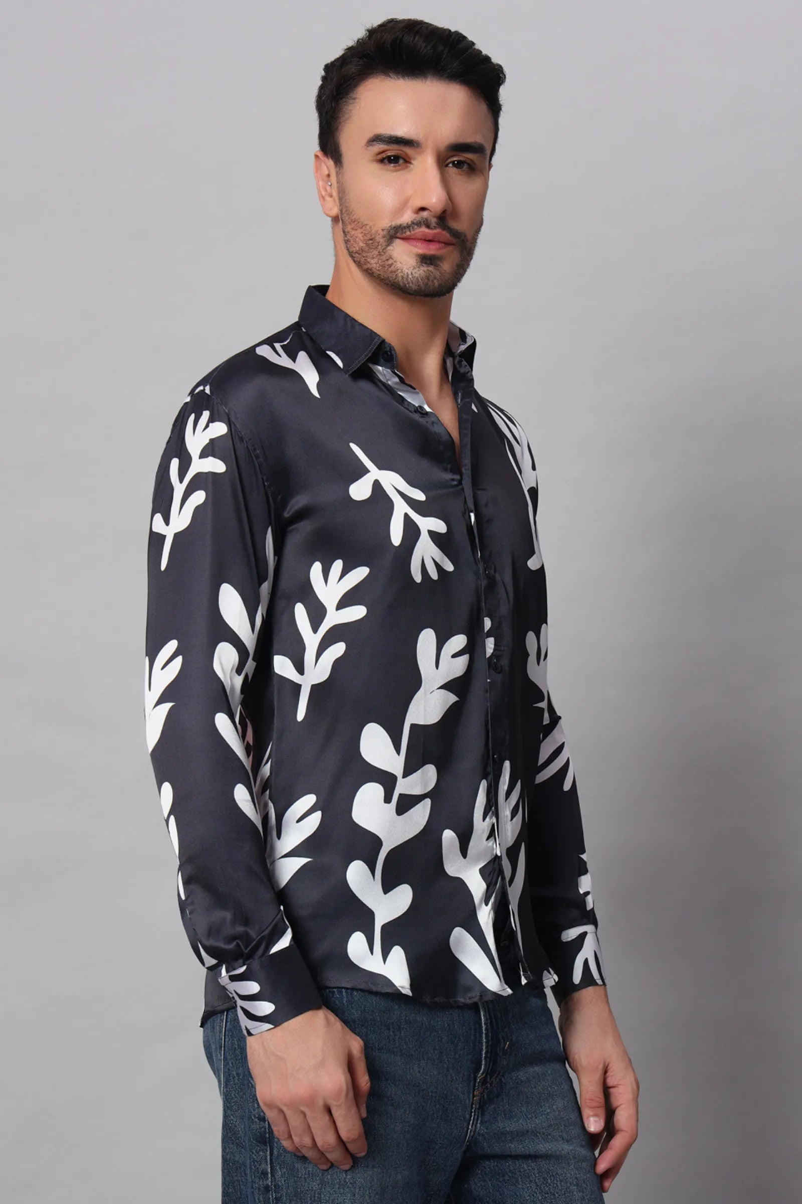 Black with White leaf Printed Shirt