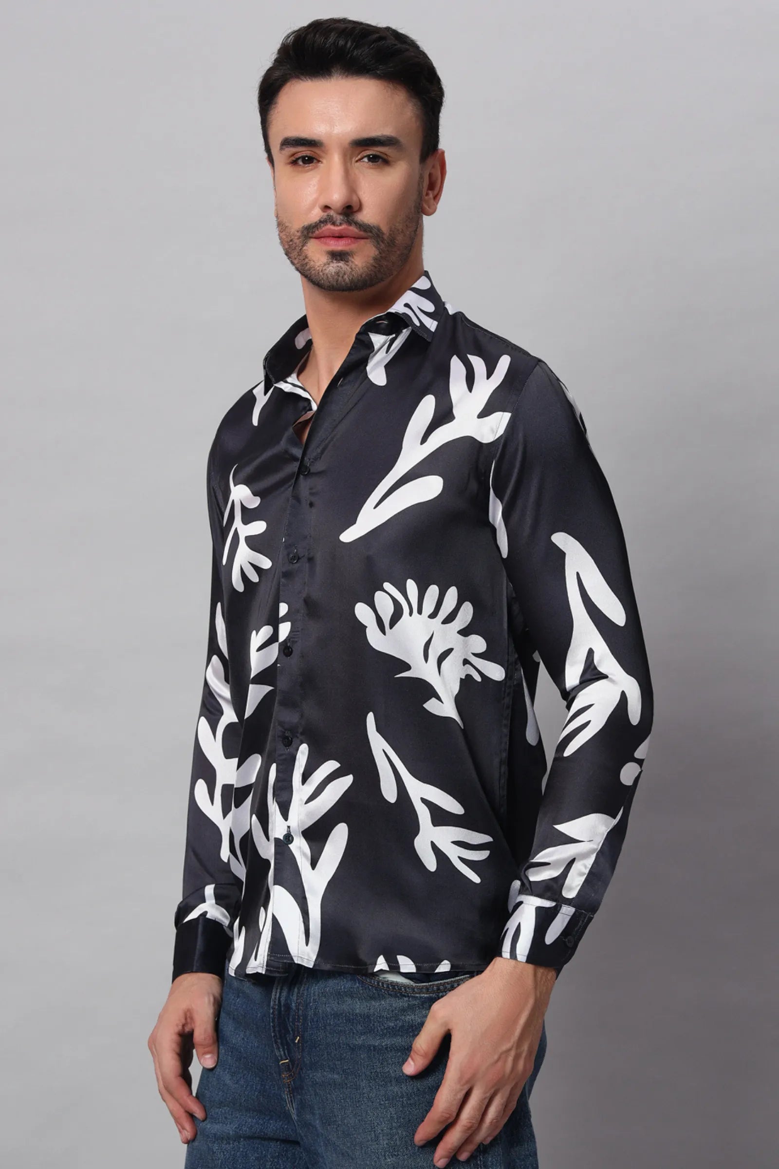 Black with White leaf Printed Shirt