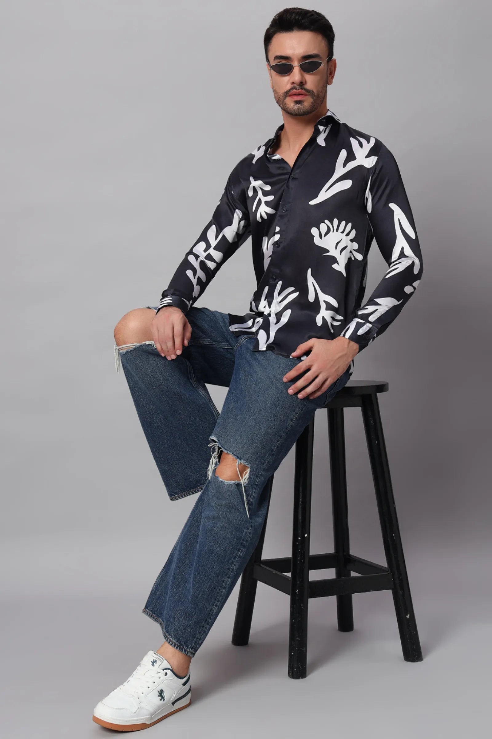 Black with White leaf Printed Shirt