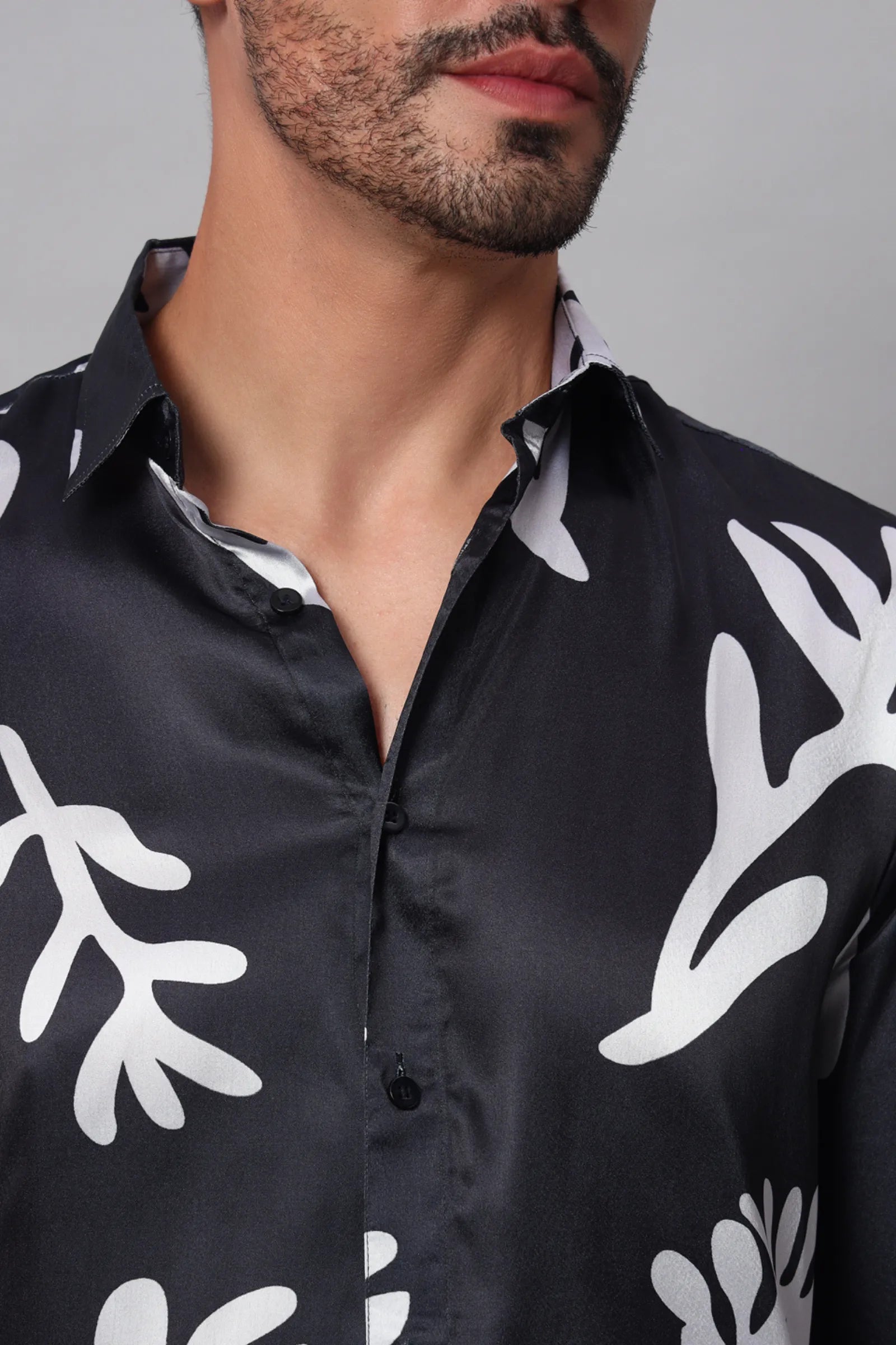 Black with White leaf Printed Shirt