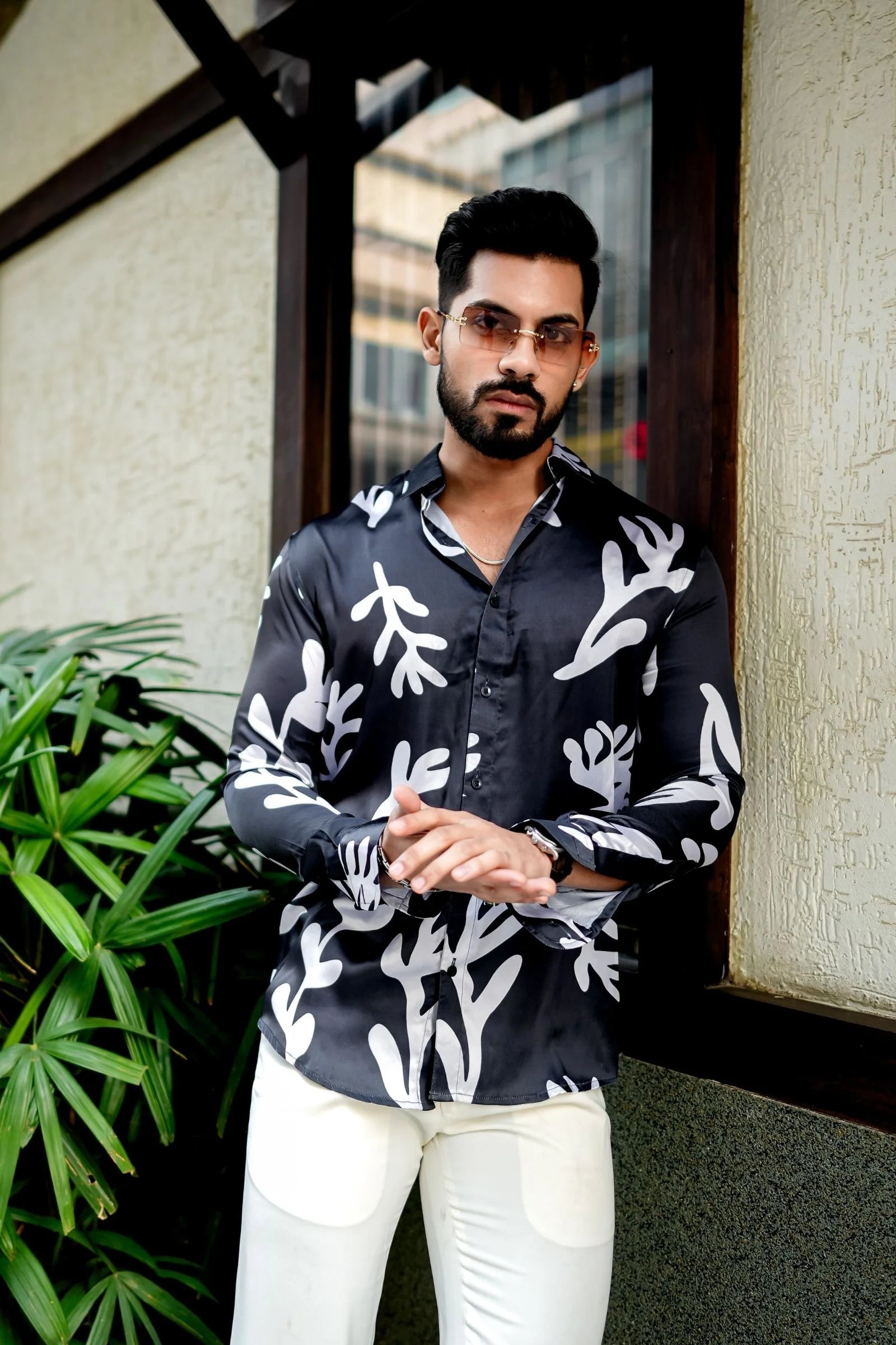 Black with White leaf Printed Shirt