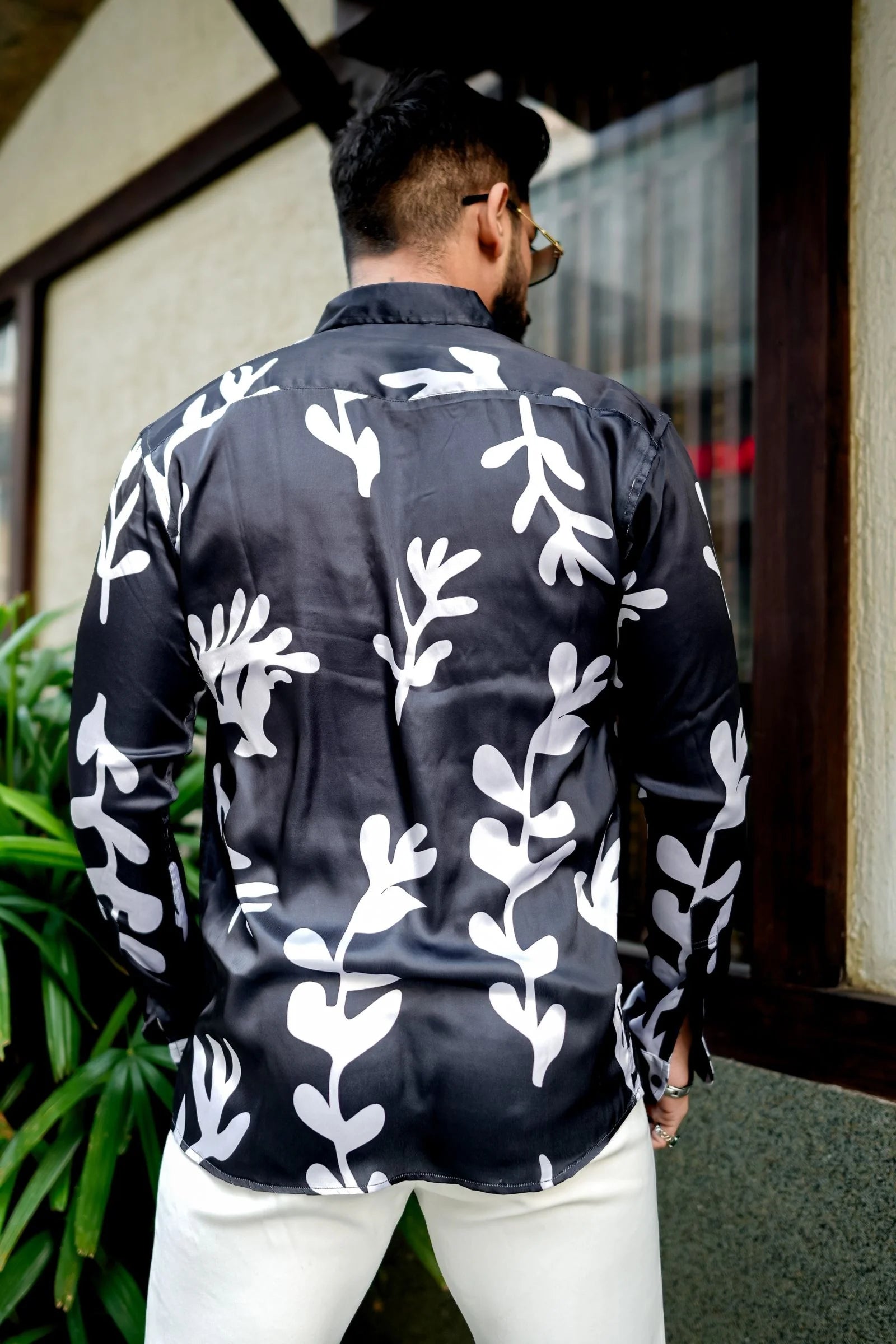 Black with White leaf Printed Shirt