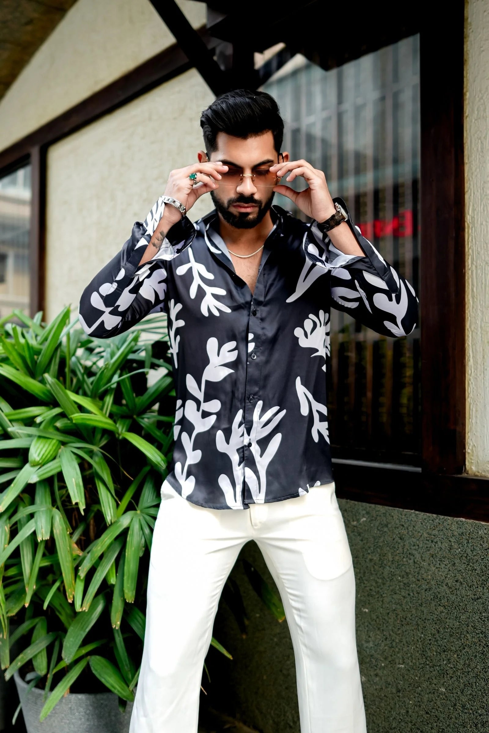 Black with White leaf Printed Shirt